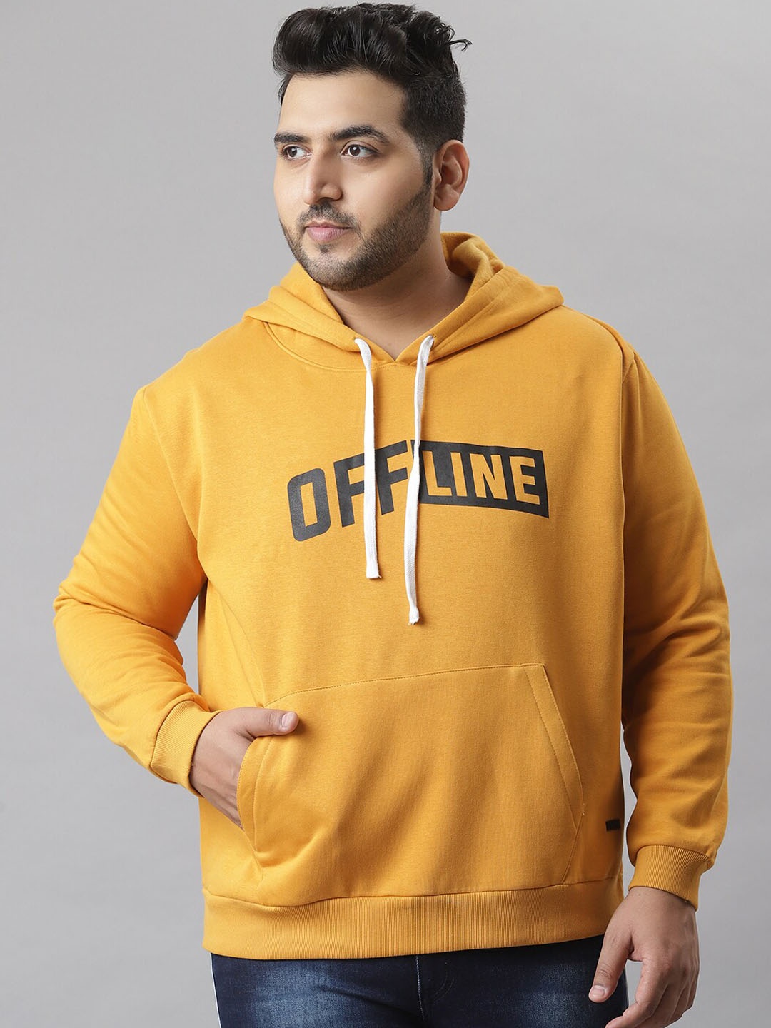 

Instafab Plus Men Mustard Printed Hooded Sweatshirt