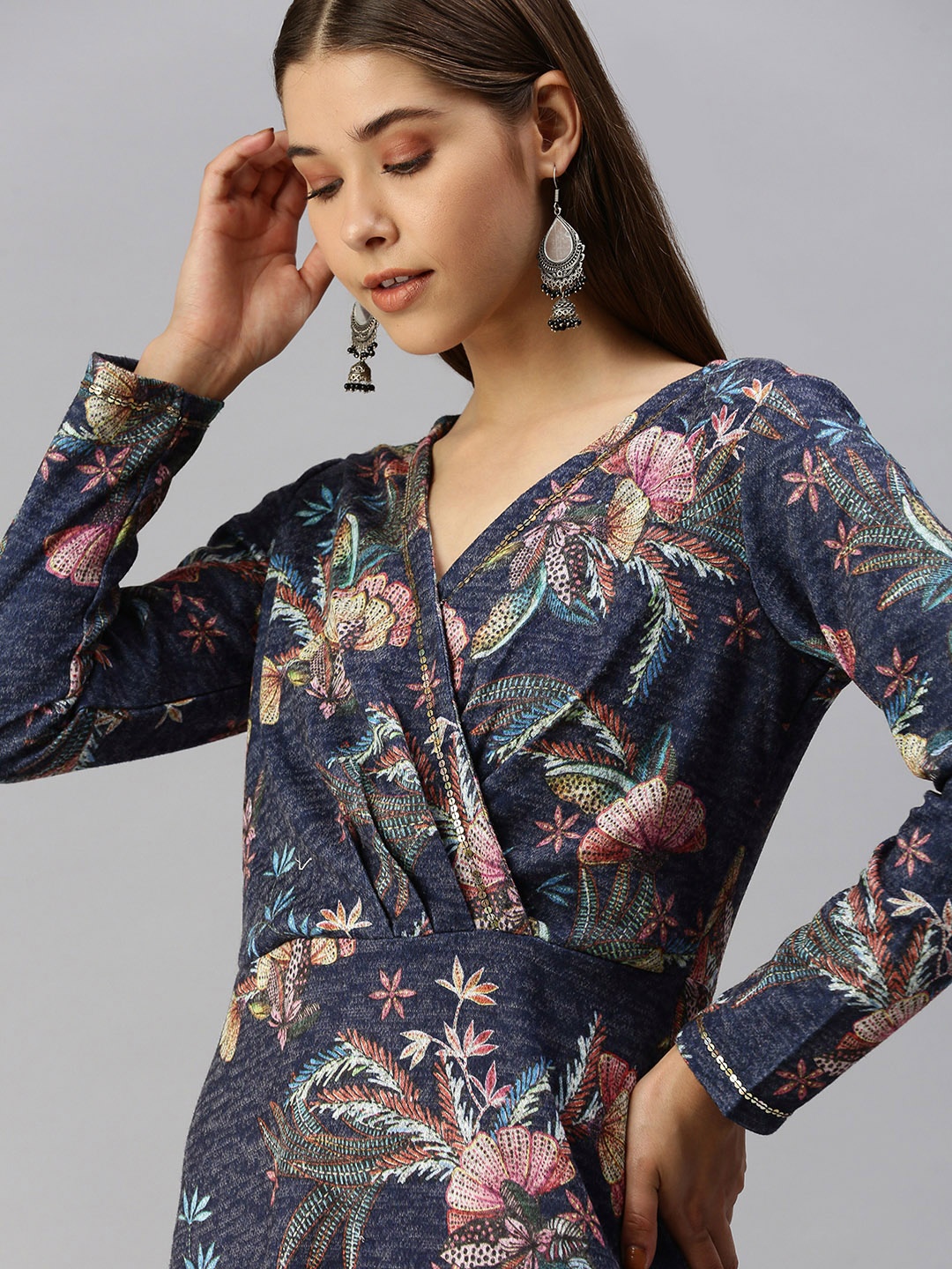 

Global Desi Blue & Pink Floral Wrap Midi Dress