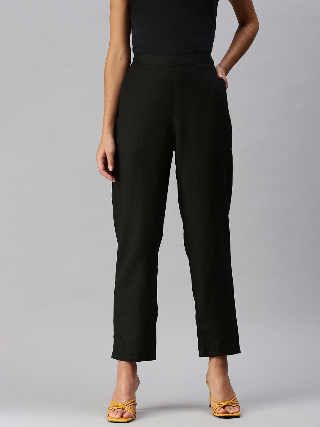 

Global Desi Women Black Tapered Fit Trousers