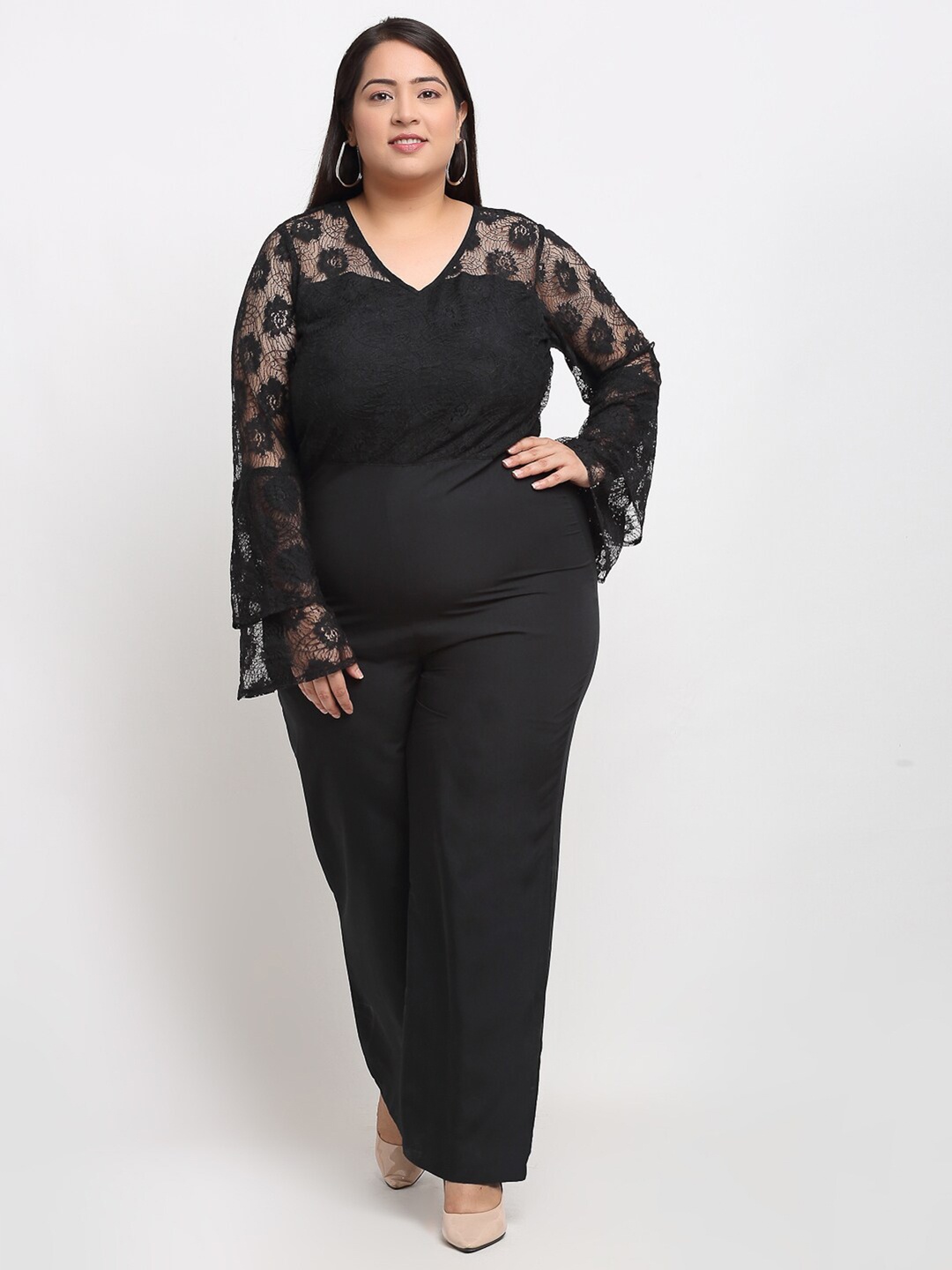 

Flambeur Black Basic Jumpsuit with Lace Inserts