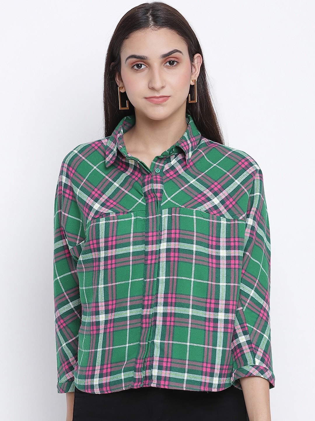 

Oxolloxo Women Green Checked Casual Shirt