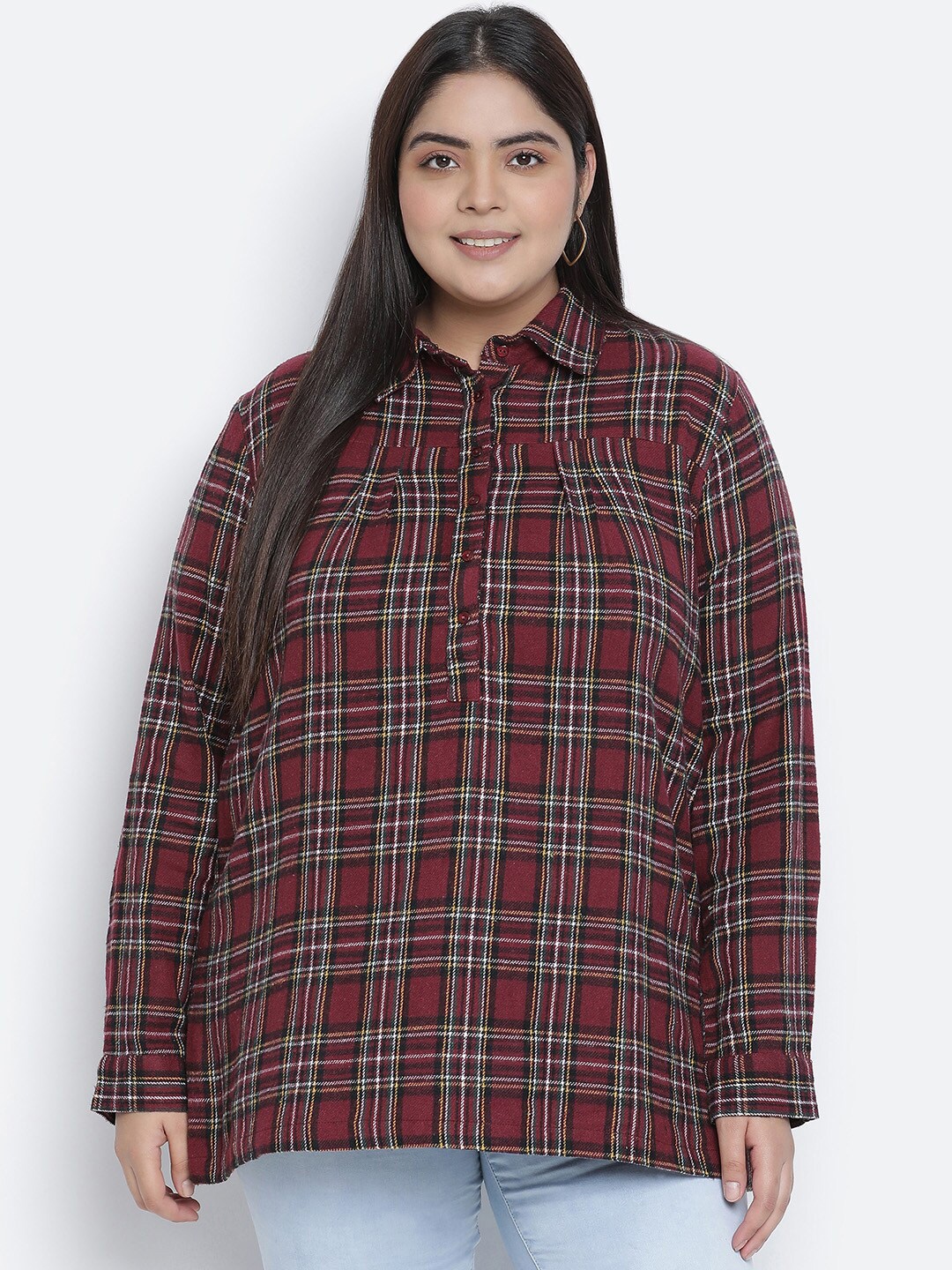 

Oxolloxo Maroon & White Shirt Collar plus size Checked Tunic