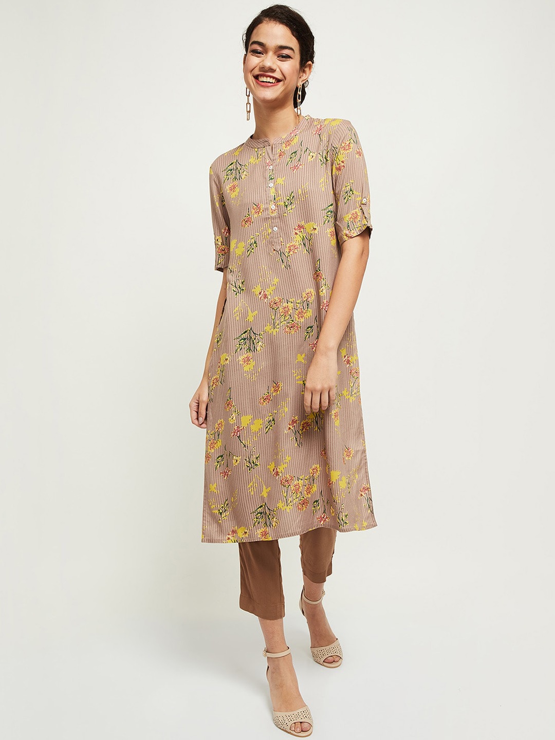 

max Women Taupe Floral Printed Floral Kurta