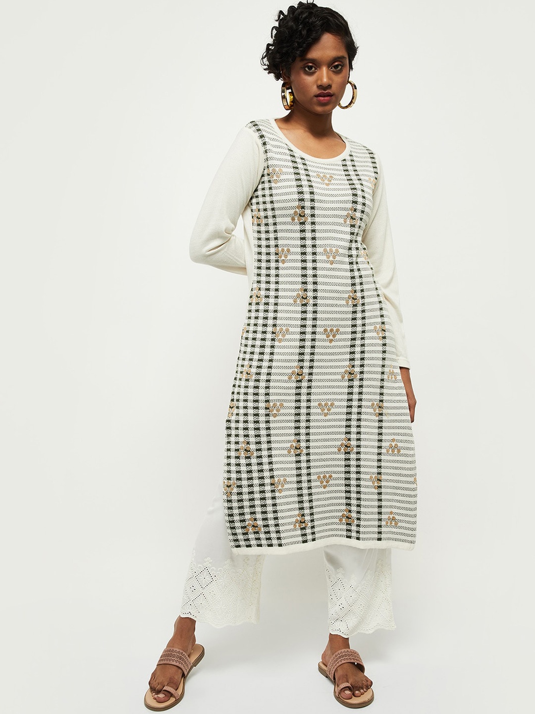 

max Women Off White & Green Striped Kurta