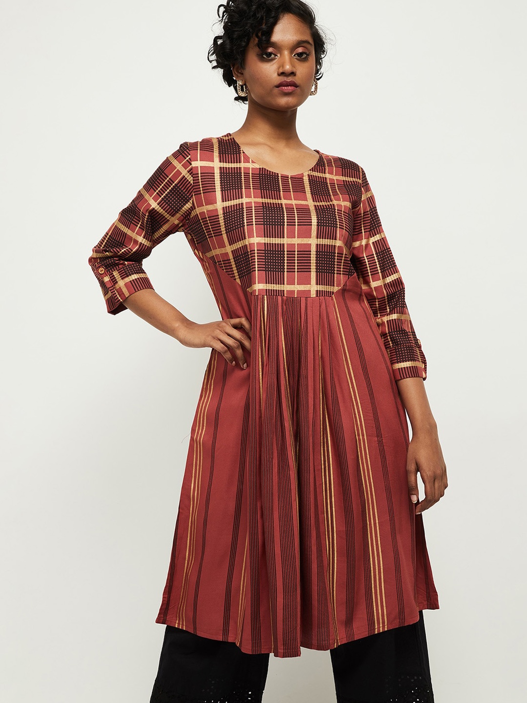 

max Women Rust Checked Flared Sleeves Anarkali Kurta