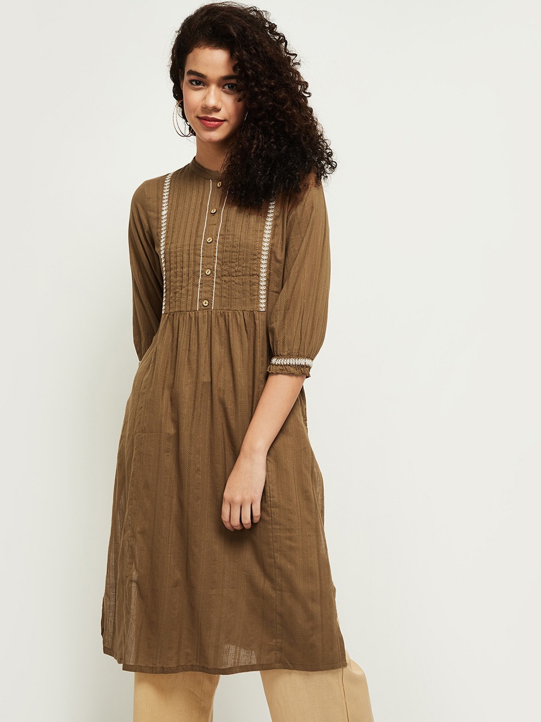 

max Women Brown Ethnic Motifs Yoke Design Thread Work Kurta