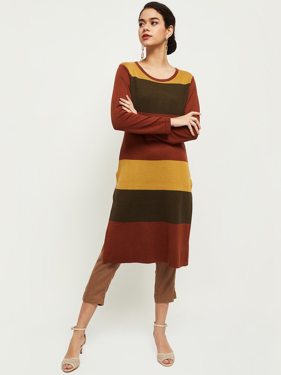 

max Women Rust & Beige Colourblocked Dyed Straight Kurta