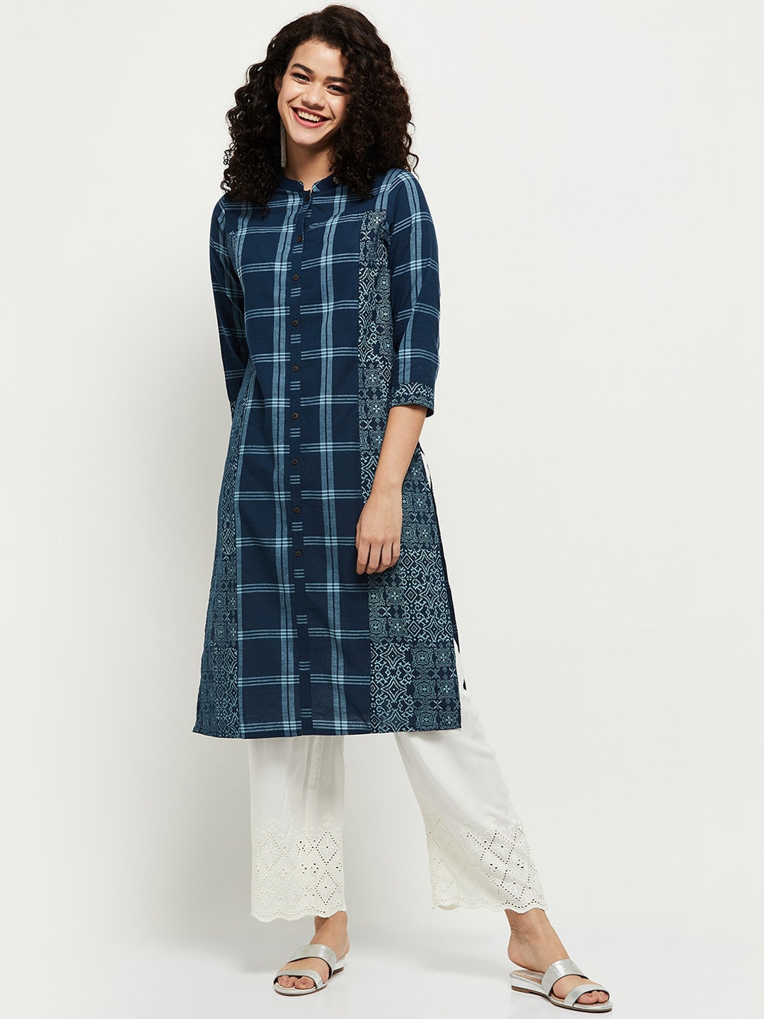 

max Women Blue Checked Kurta