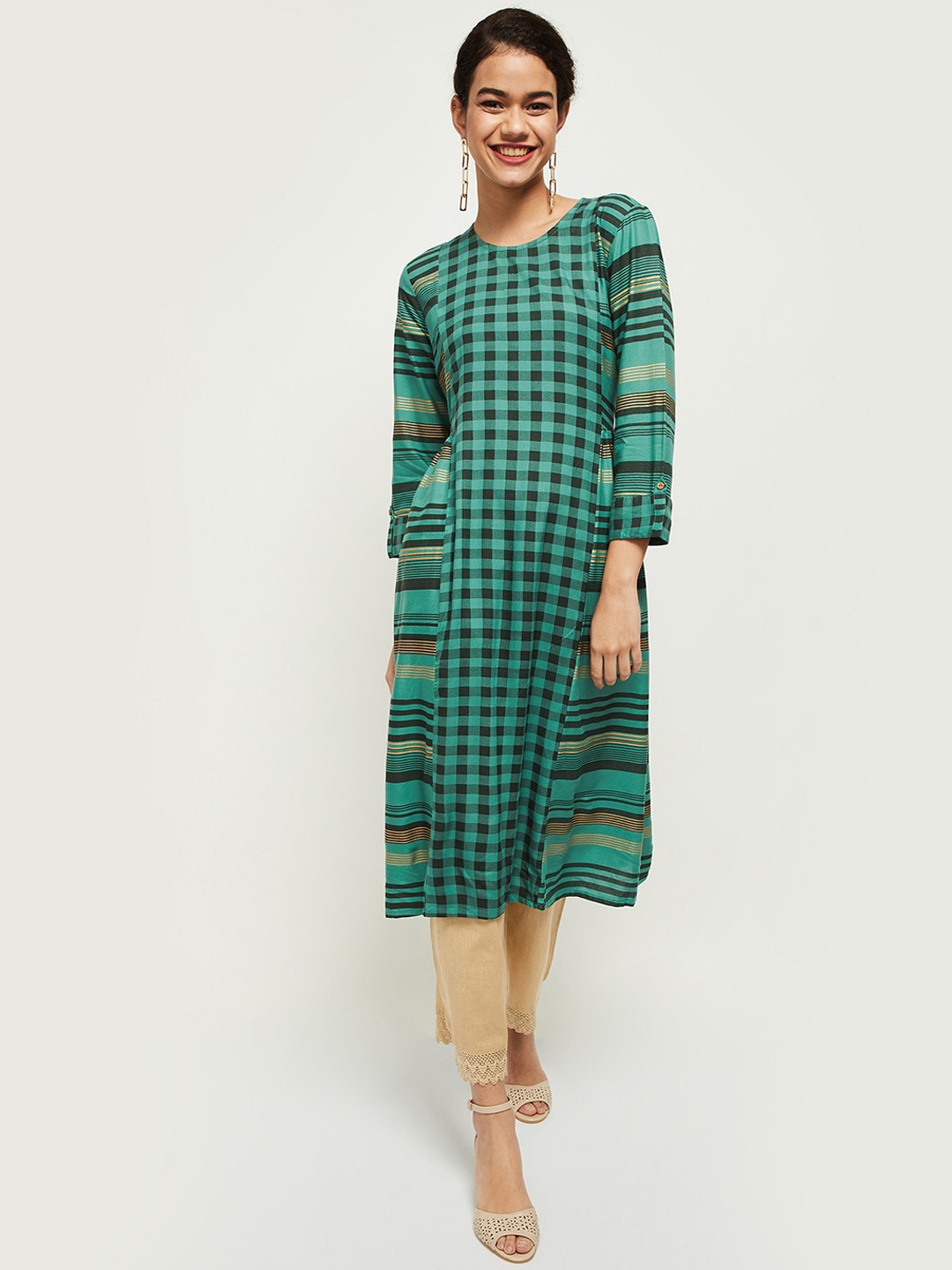 

max Women Green Checked Kurta