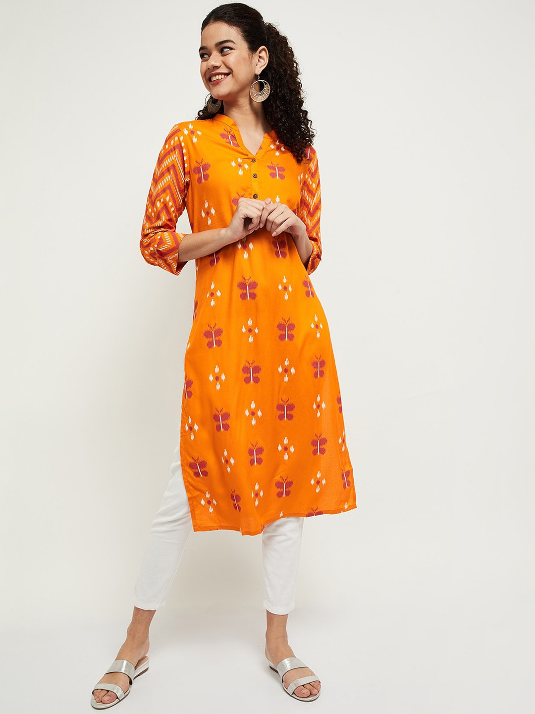 max Women Orange & White Ethnic Motifs Printed Straight Kurta