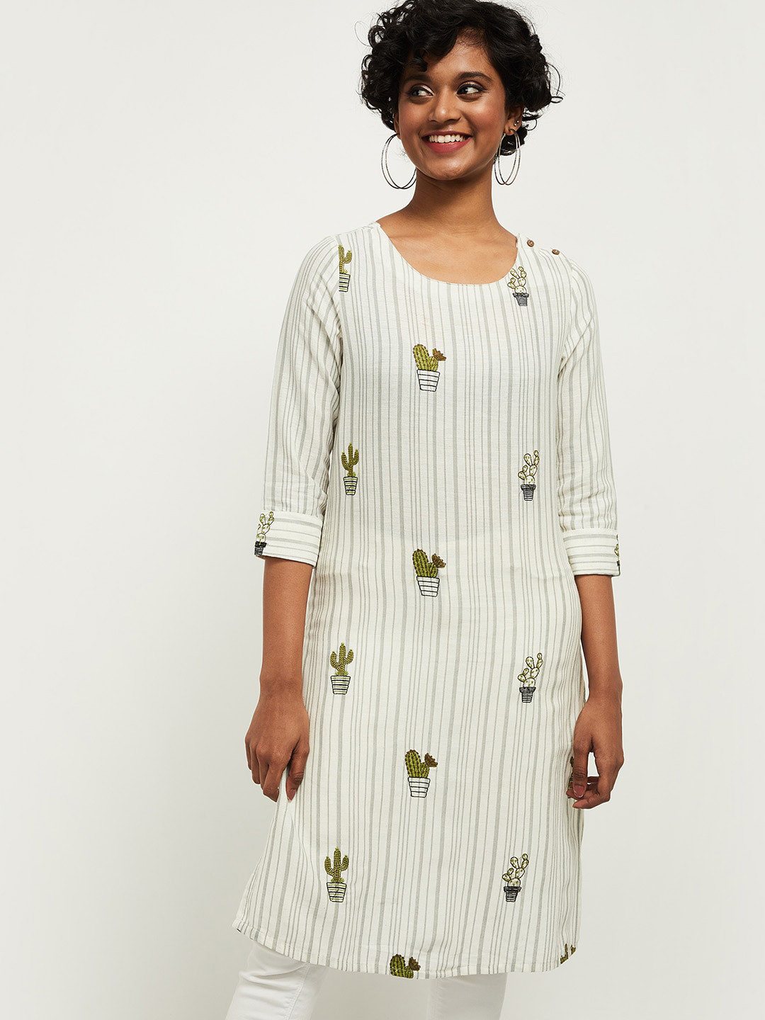 

max Women Grey Striped Kurta