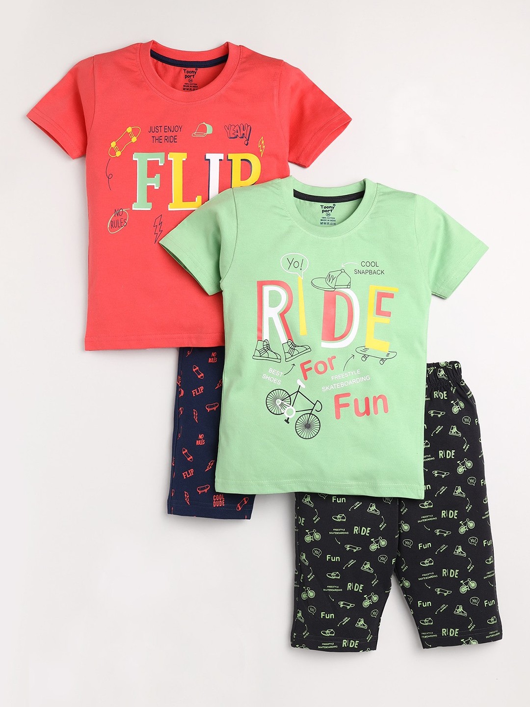 

Toonyport Pack Of 2 Boys Red & Green Printed Pure Cotton T-shirt with Capris