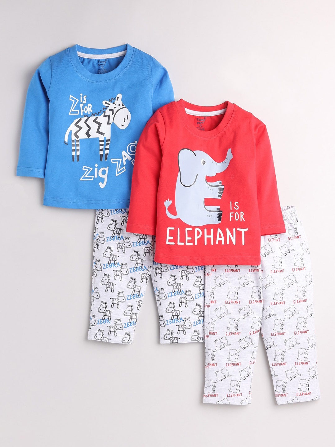 

Toonyport Boys Pack of 2 Blue & Red Printed Pure Cotton T-shirt with Pyjamas