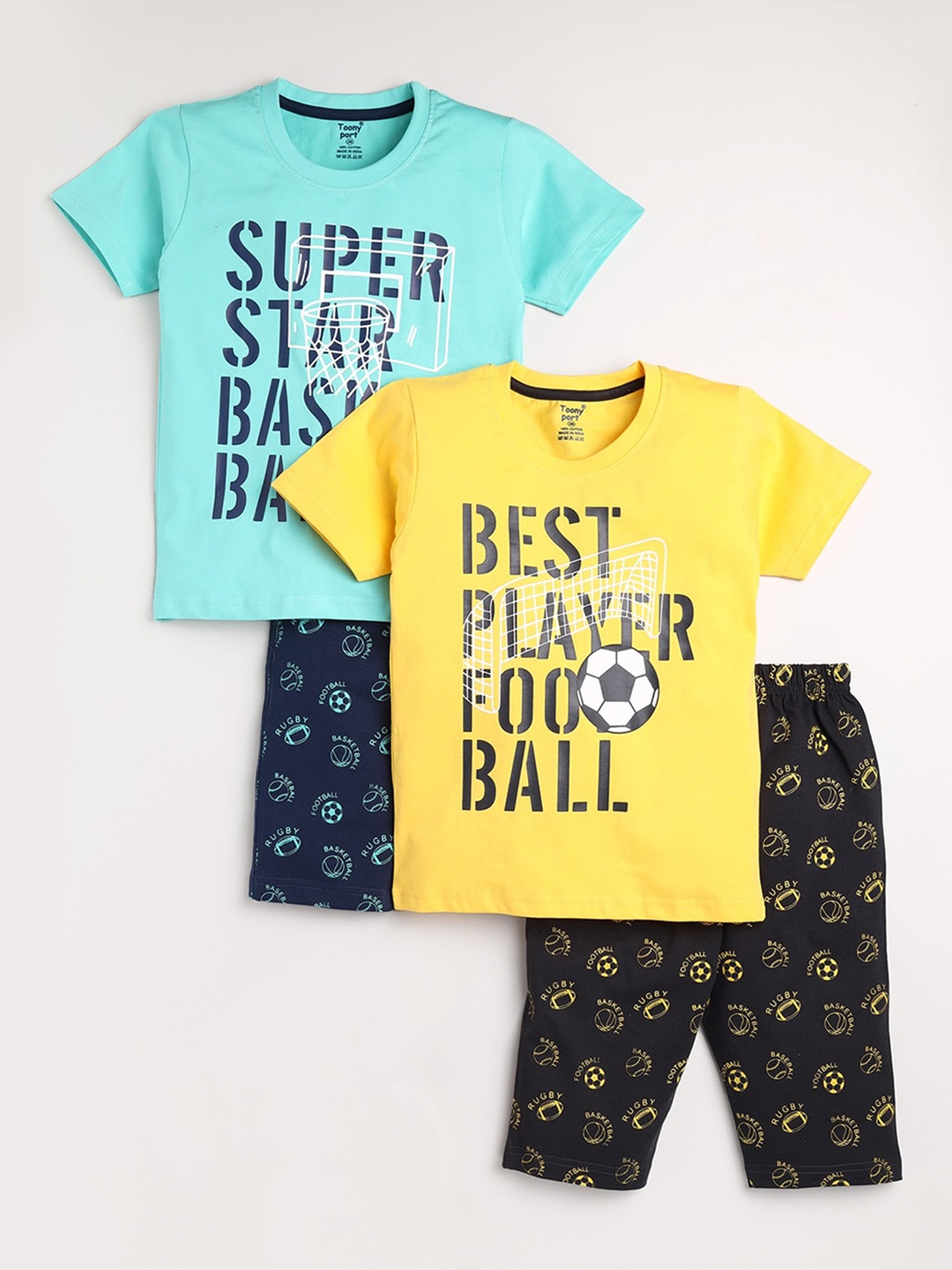 

Toonyport Boys Yellow & Turquoise Blue Printed Pure Cotton T-shirt with Capris