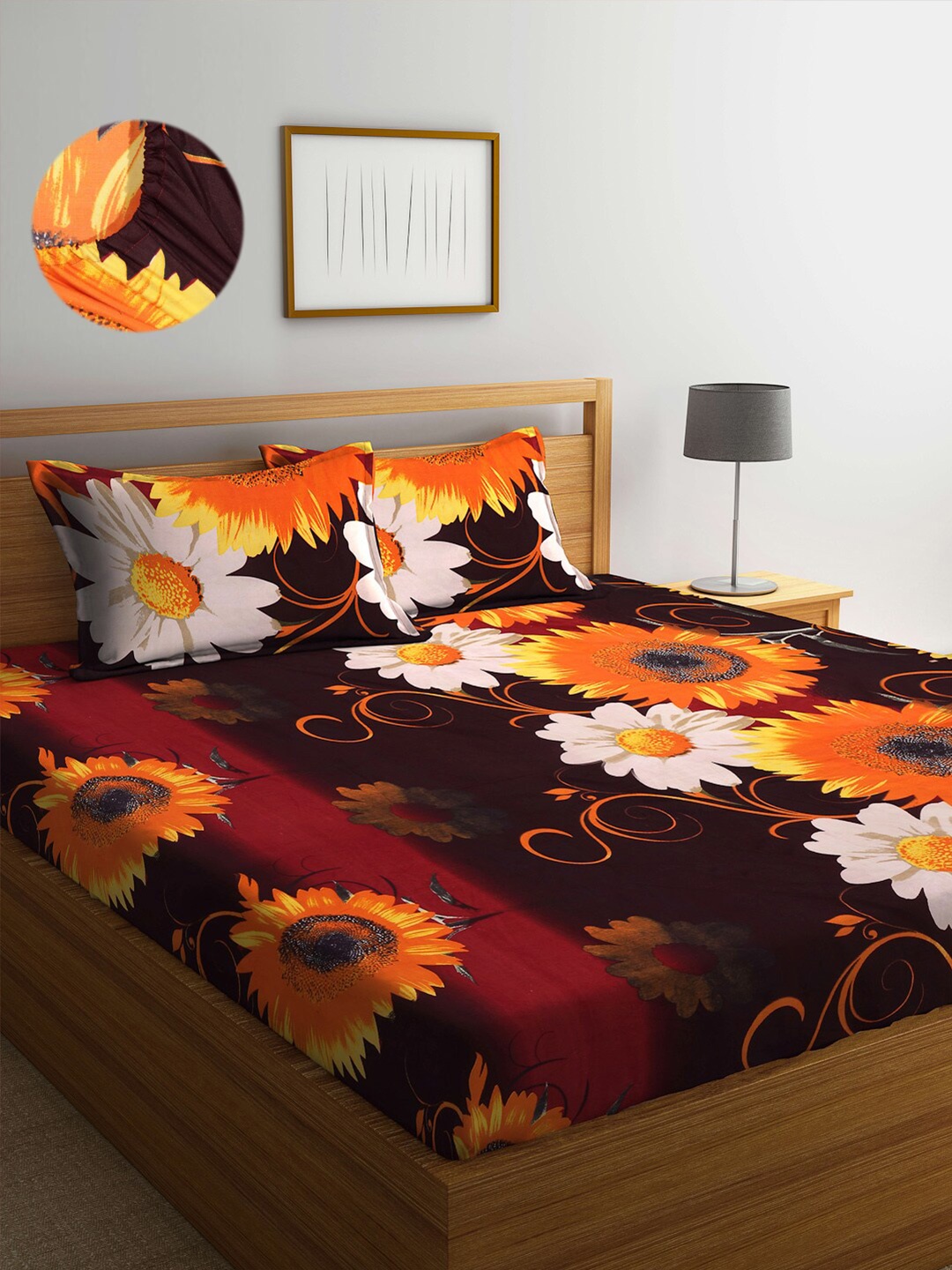 

Arrabi Brown & Orange Floral 300 TC King Bedsheet with 2 Pillow Covers