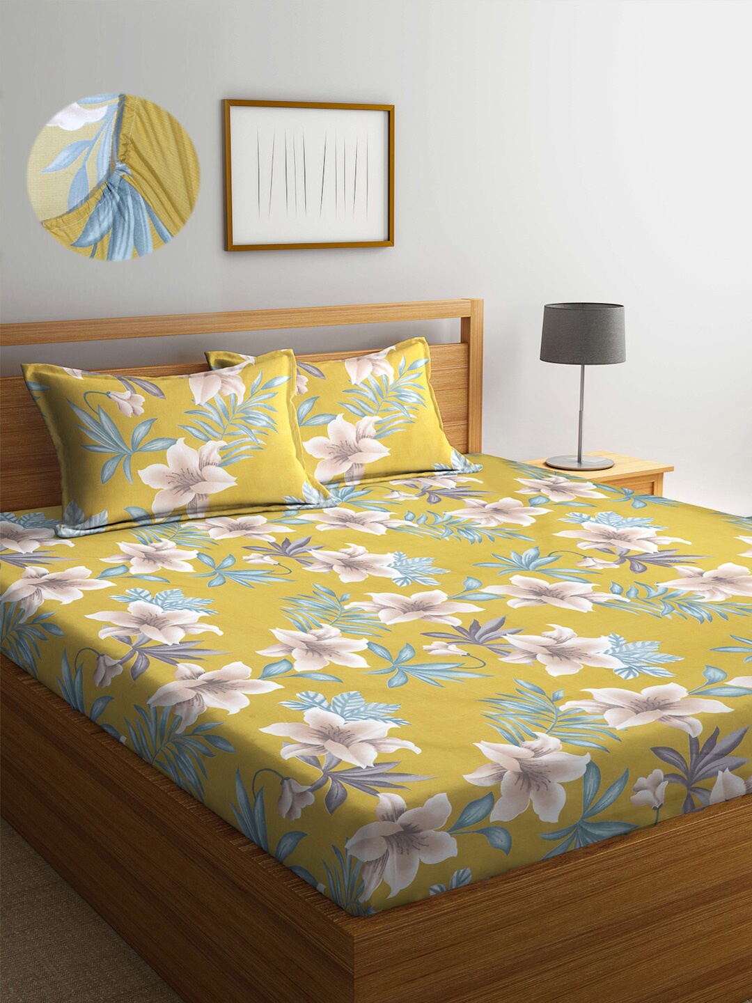 

Arrabi Green & Mustard Floral 300 TC King Bedsheet with 2 Pillow Covers