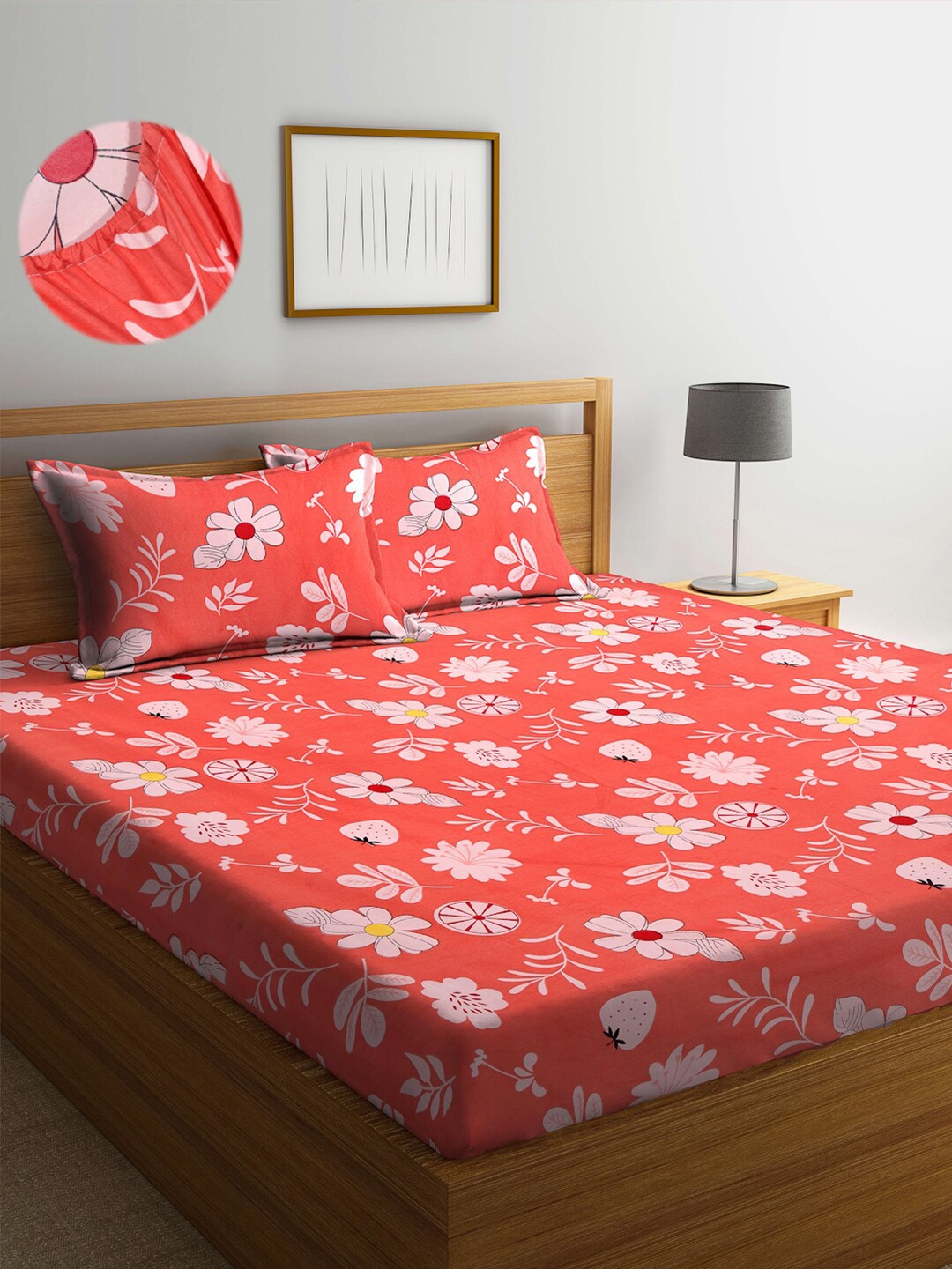 

Arrabi Orange & White Floral 300 TC King Bedsheet with 2 Pillow Covers