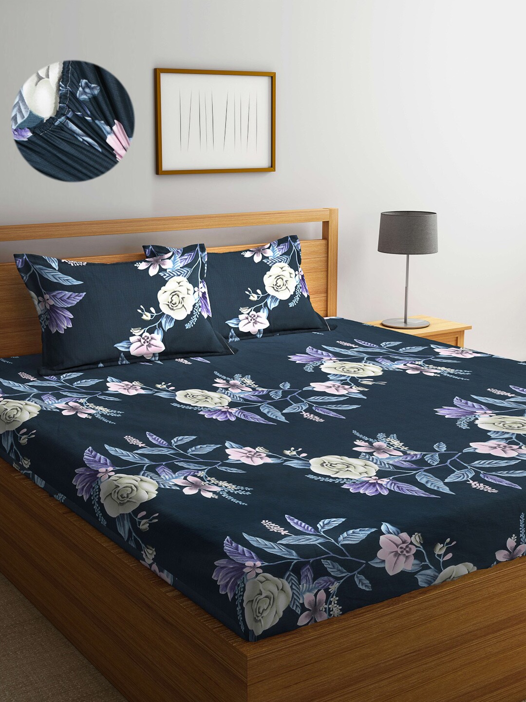 

Arrabi Blue & White Floral 300 TC King Bedsheet with 2 Pillow Covers