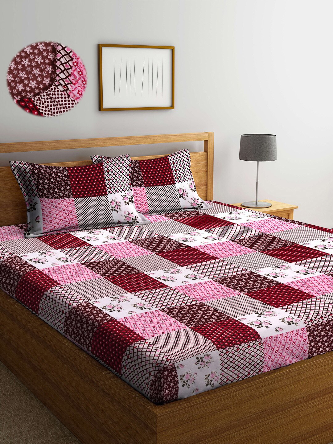 

Arrabi Maroon & Pink Floral 300 TC King Bedsheet with 2 Pillow Covers