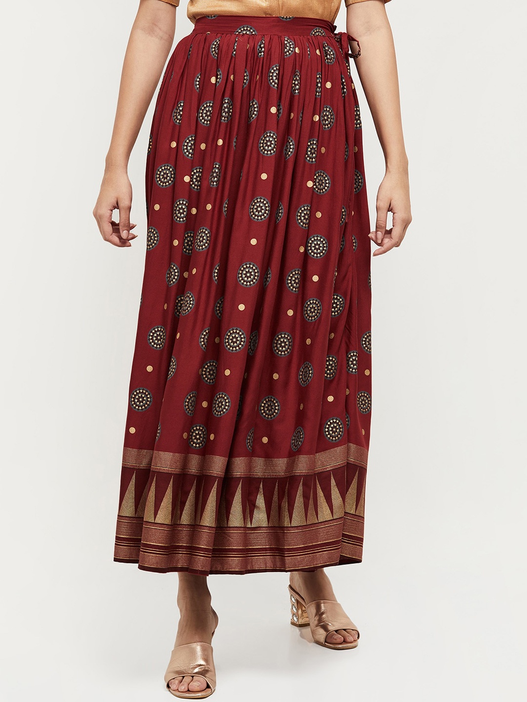 

max Women Maroon & Gold-Coloured Printed Flared Maxi Skirt