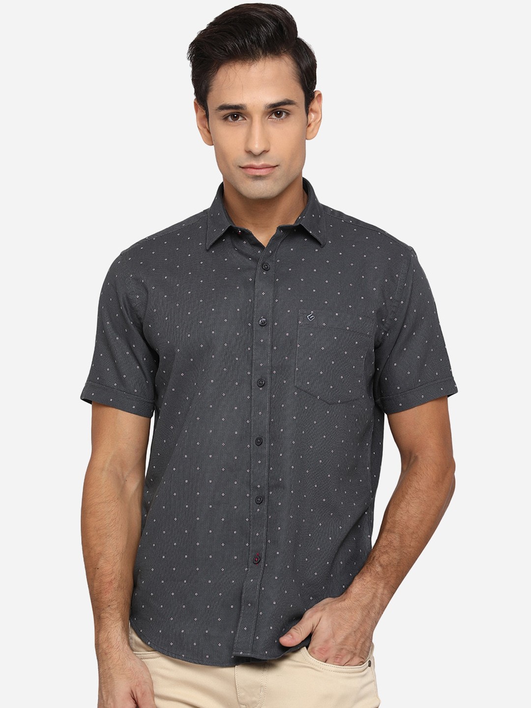 

Greenfibre Men Grey Classic Slim Fit Opaque Printed Cotton Casual Shirt