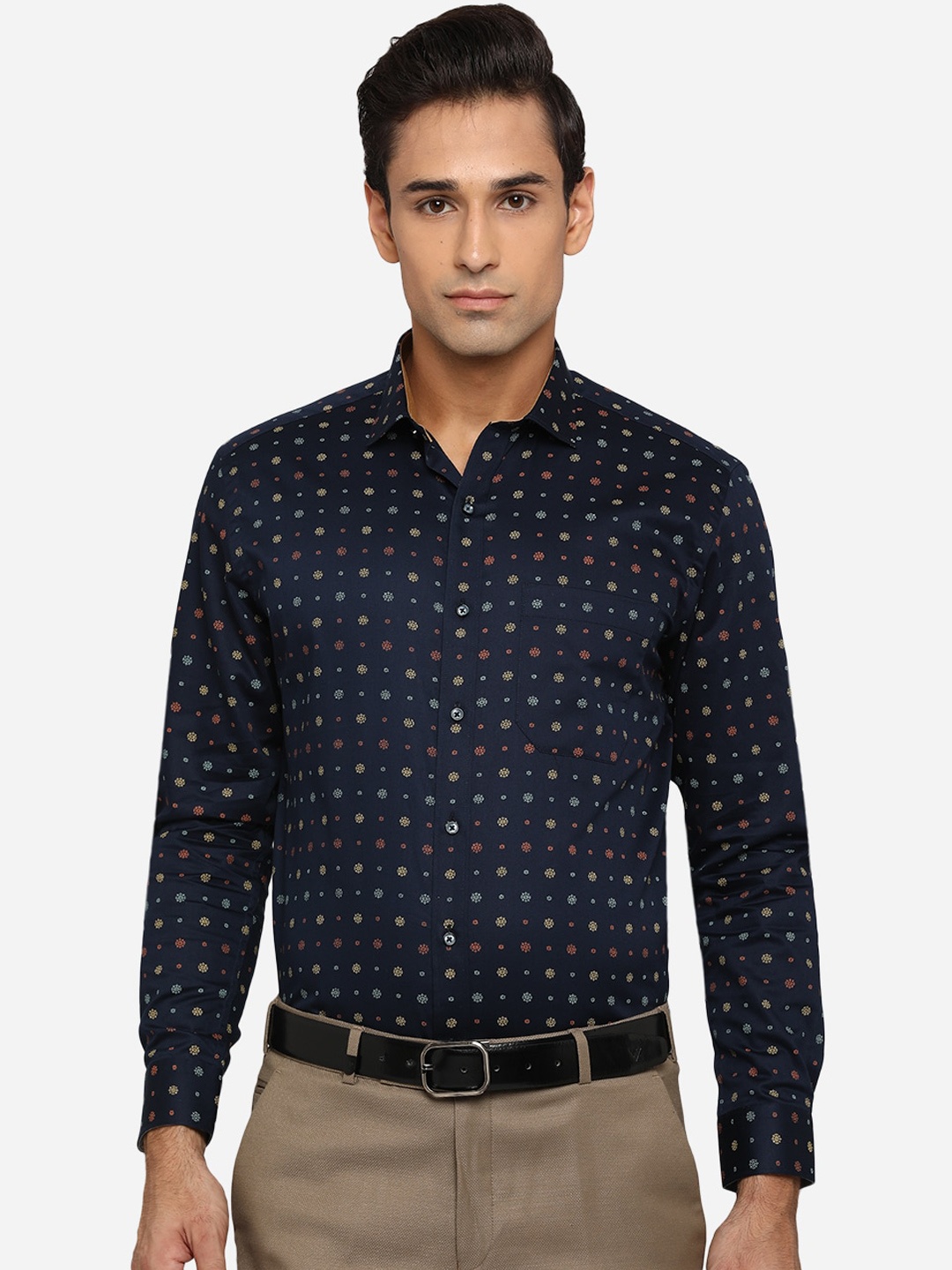 

Greenfibre Men Navy Blue Classic Slim Fit Floral Opaque Printed Cotton Formal Shirt