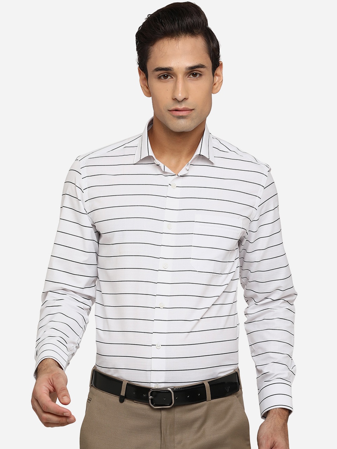 

Greenfibre Men White Classic Slim Fit Horizontal Stripes Opaque Striped Formal Shirt