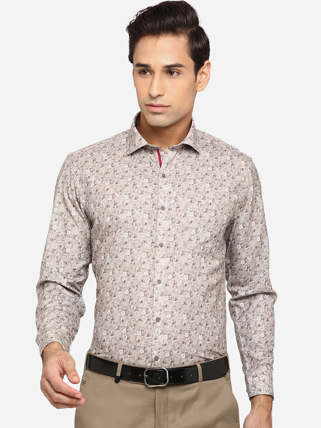 

Greenfibre Men Grey Classic Slim Fit Floral Opaque Printed Cotton Formal Shirt