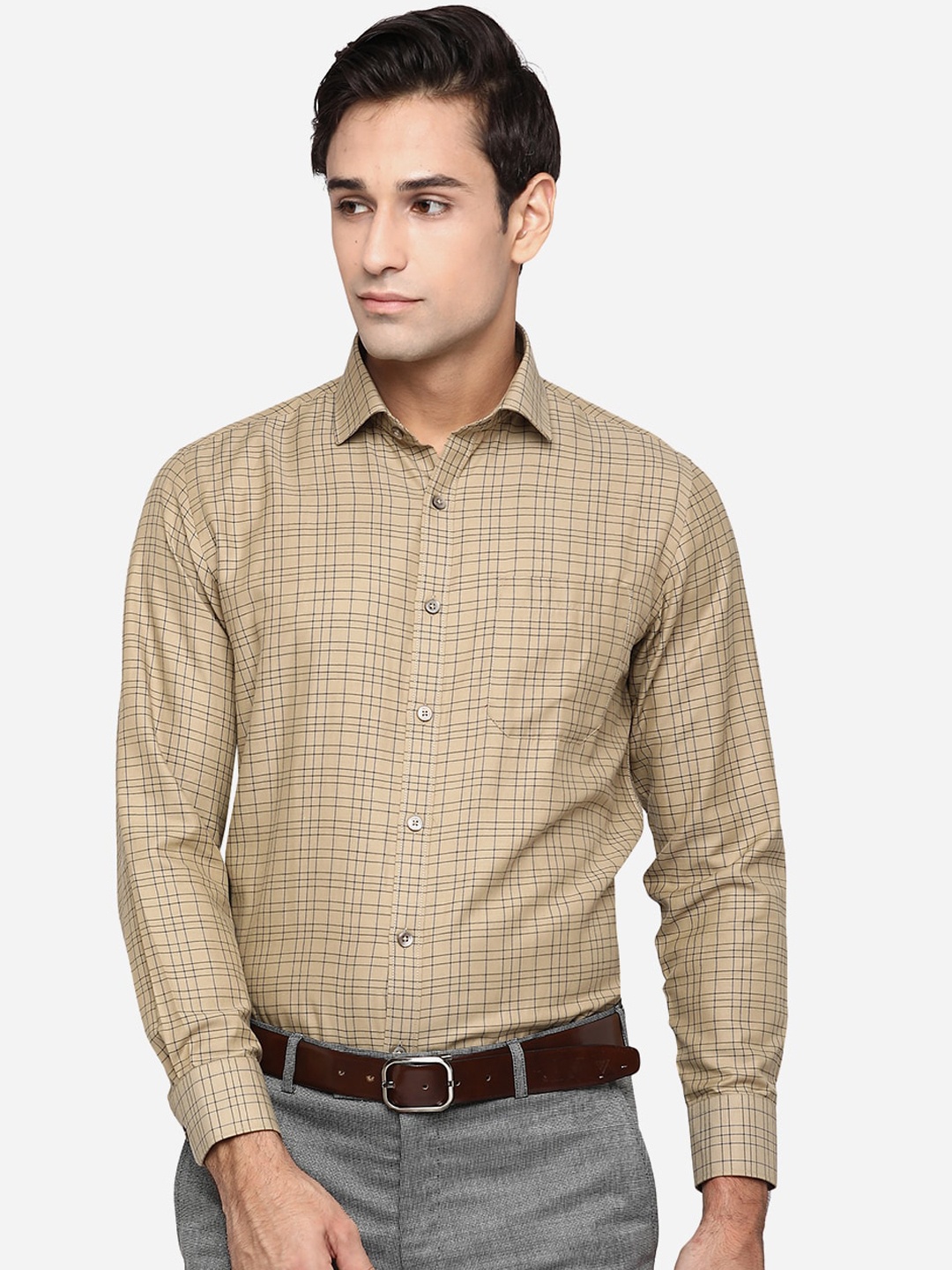 

Greenfibre Men Khaki Classic Slim Fit Opaque Checked Formal Shirt