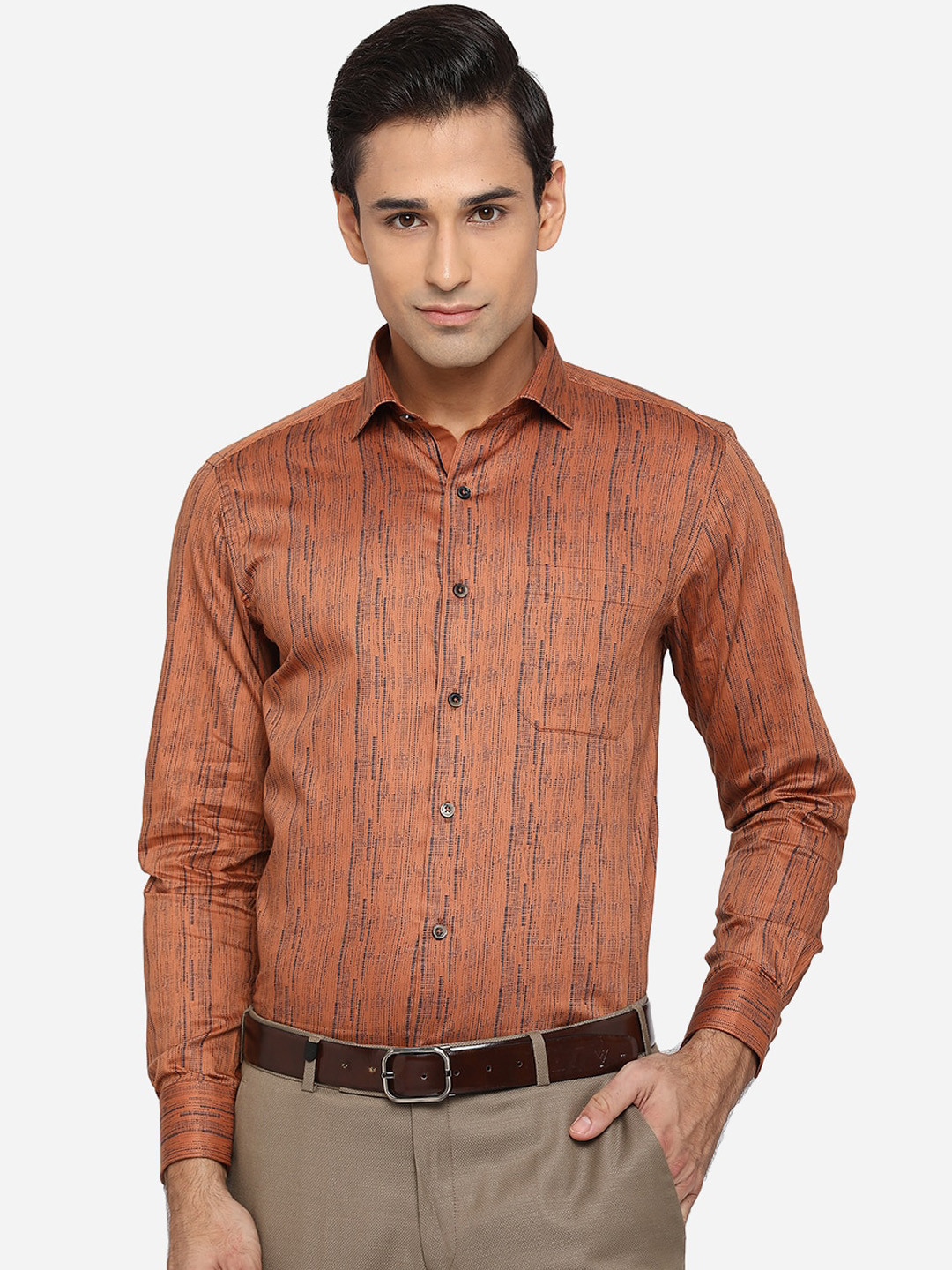 

Greenfibre Men Classic Slim Fit Opaque Striped Pure Cotton Formal Shirt, Brown