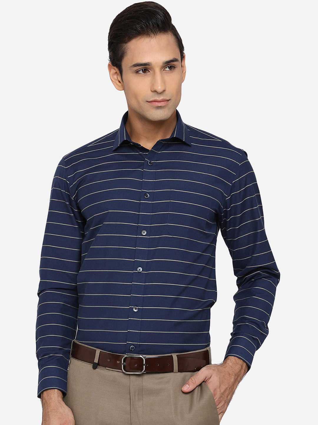 

Greenfibre Men Classic Slim Fit Horizontal Stripes Opaque Striped Formal Shirt, Navy blue