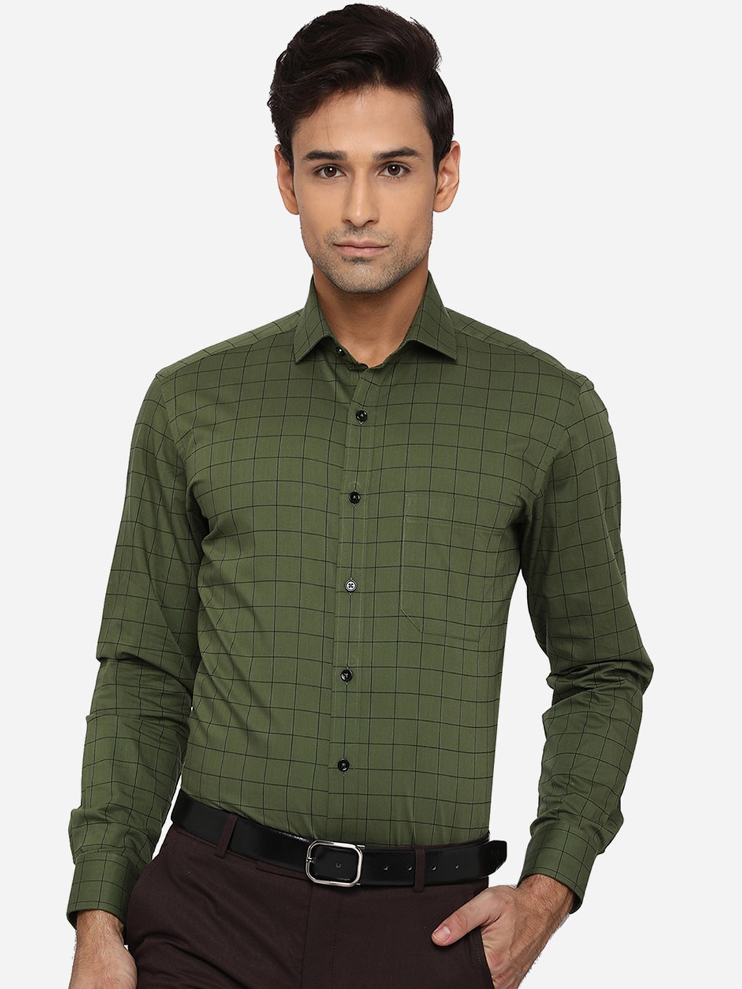 

Greenfibre Men Green Classic Slim Fit Grid Tattersall Checks Pure Cotton Formal Shirt