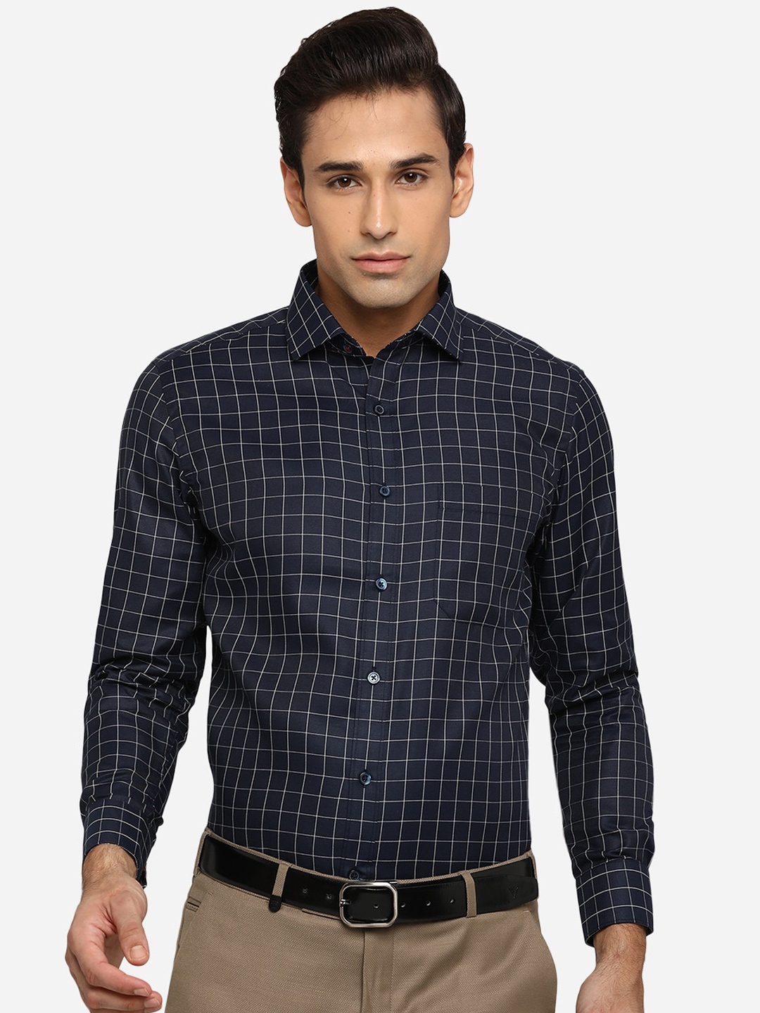 

Greenfibre Men Navy Blue Classic Slim Fit Opaque Checked Formal Shirt