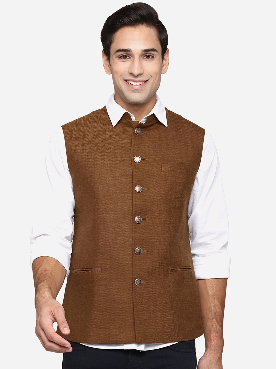 

Greenfibre Men Khaki Brown Terry Wool Solid Waistcoat