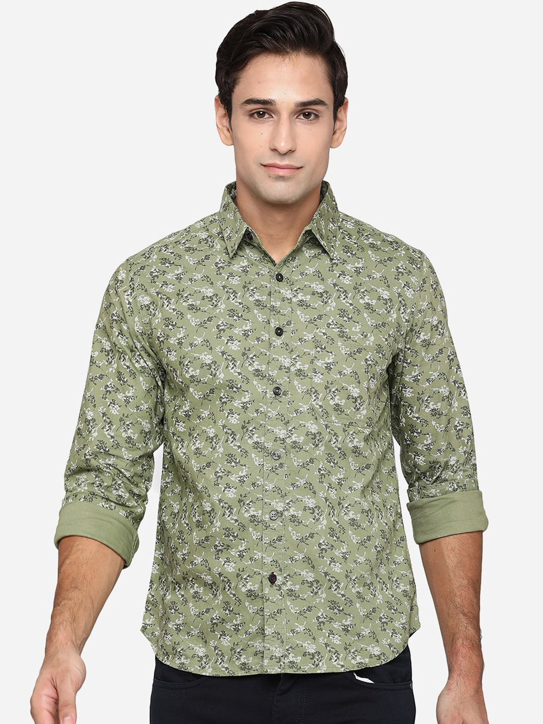 

Greenfibre Men Olive Green Classic Slim Fit Floral Opaque Printed Pure Cotton Casual Shirt