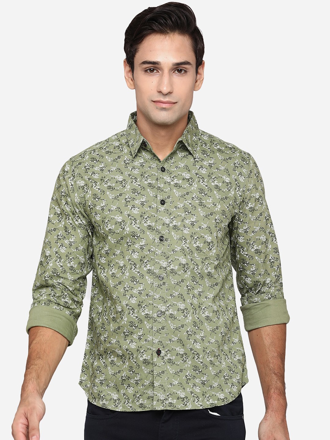 

Greenfibre Men Olive Green Classic Slim Fit Floral Opaque Printed Casual Shirt