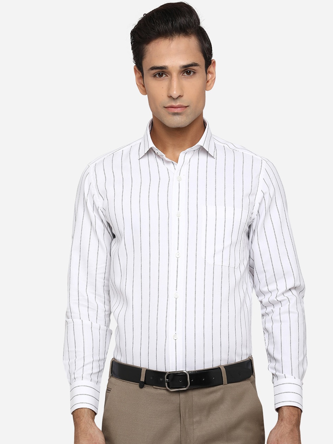 

Greenfibre Men White Classic Slim Fit Opaque Striped Formal Shirt