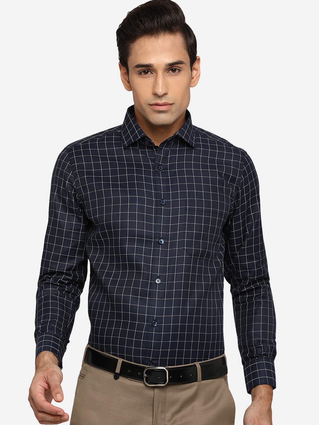

Greenfibre Men Navy Blue Classic Slim Fit Opaque Checked Formal Shirt