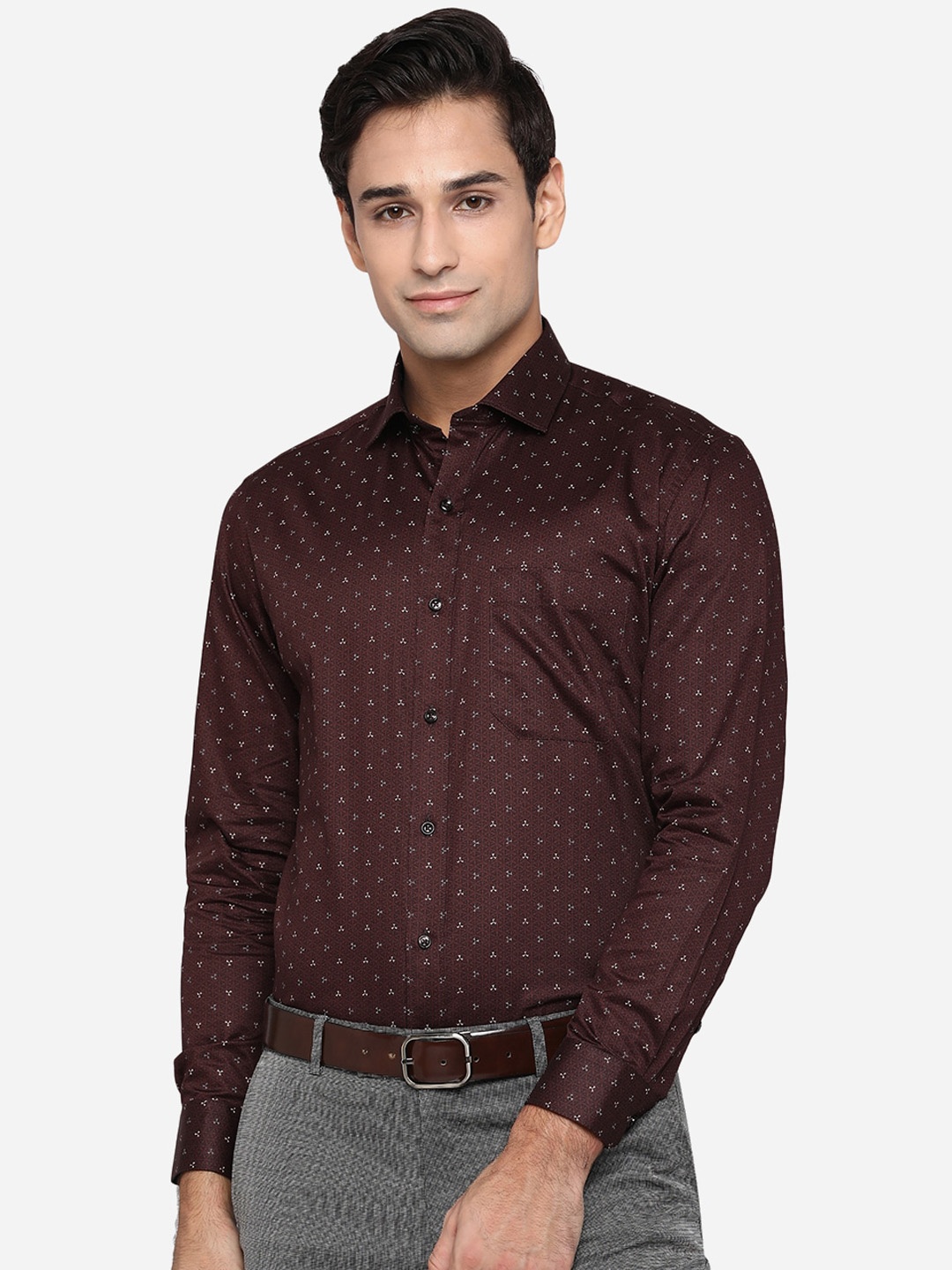 

Greenfibre Men Brown Classic Slim Fit Opaque Printed Pure Cotton Formal Shirt