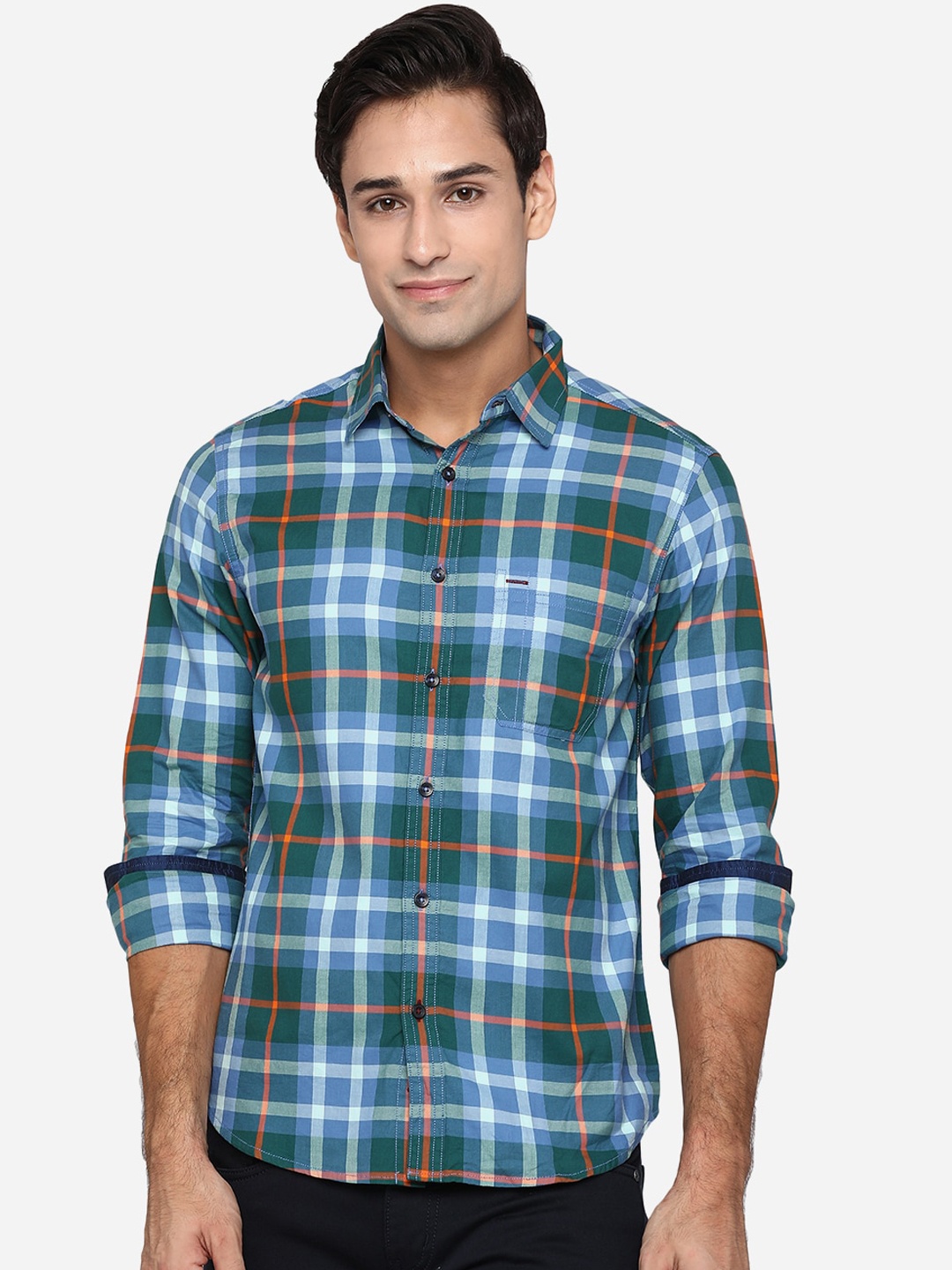 

Greenfibre Men Green Classic Slim Fit Tartan Checks Cotton Casual Shirt