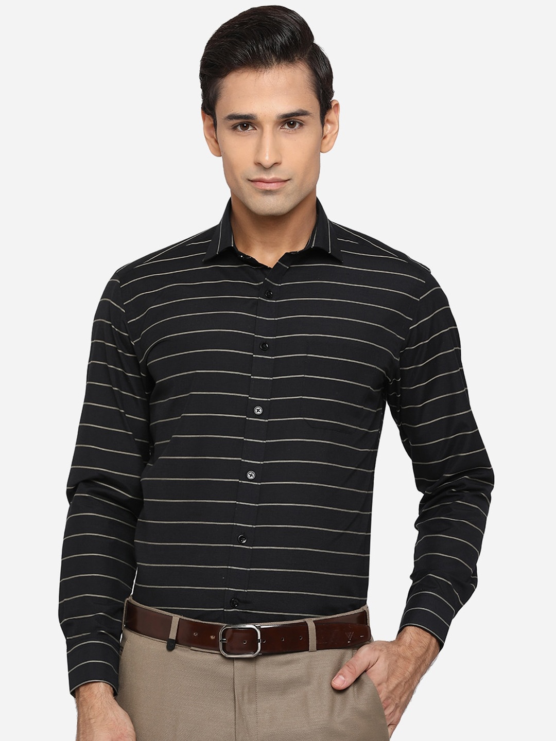 

Greenfibre Men Black Classic Slim Fit Horizontal Stripes Opaque Striped Formal Shirt