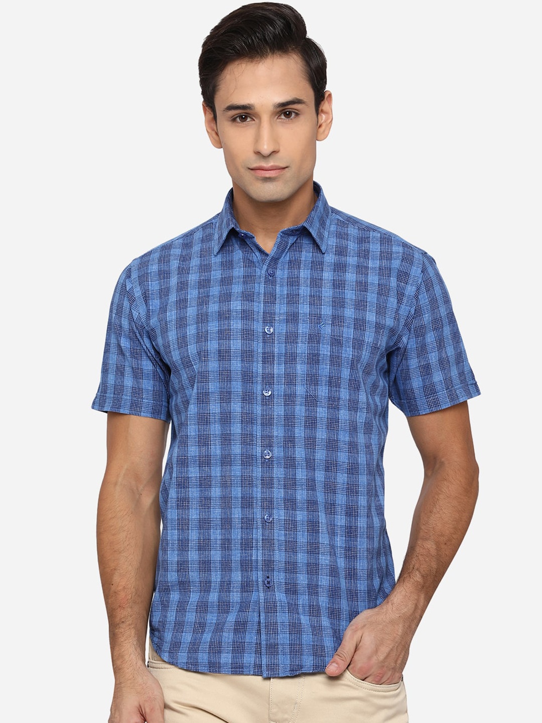 

Greenfibre Men Blue Classic Slim Fit Opaque Checked Casual Shirt