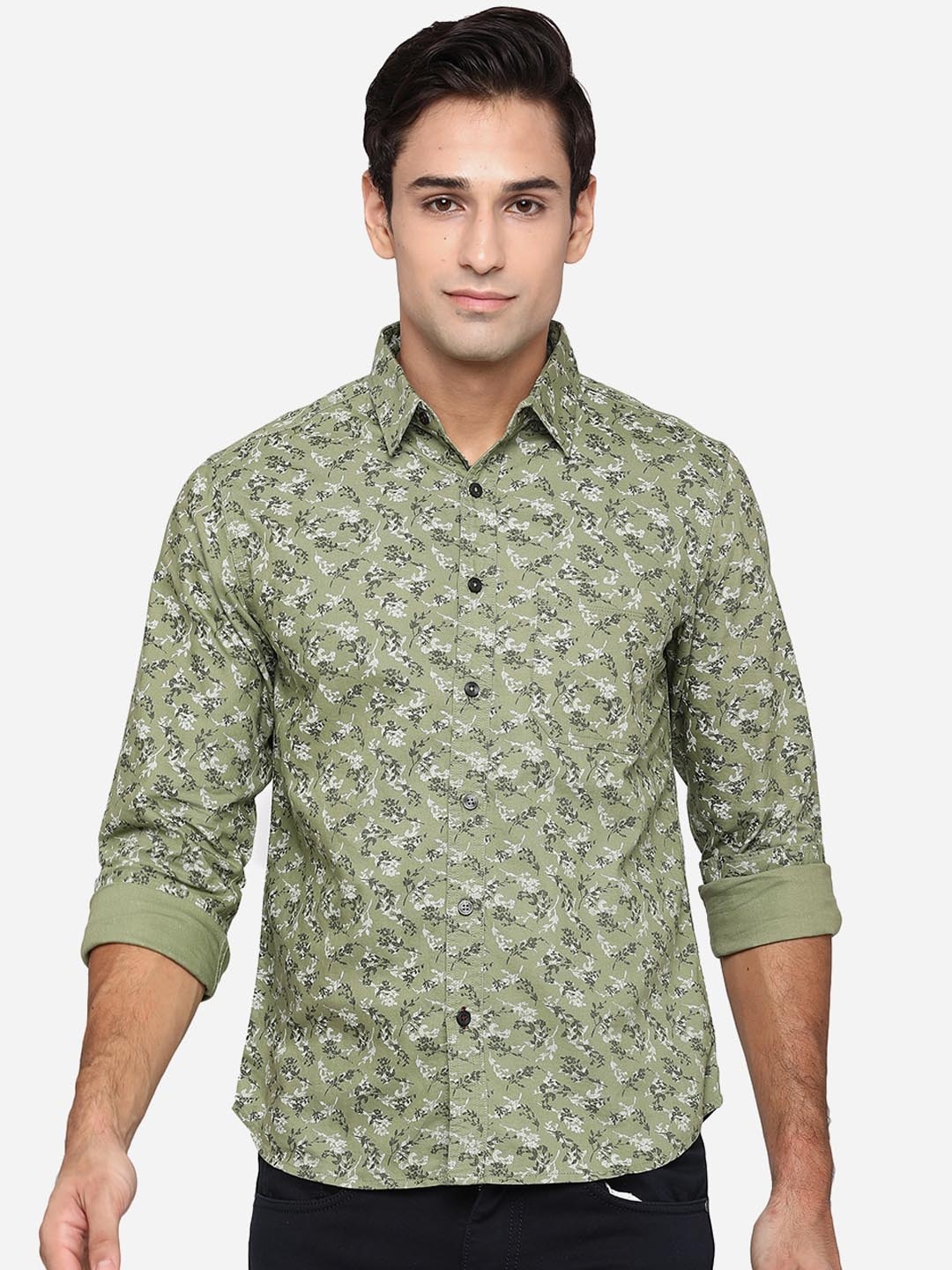 

Greenfibre Men Olive Green Classic Slim Fit Floral Opaque Printed Casual Shirt