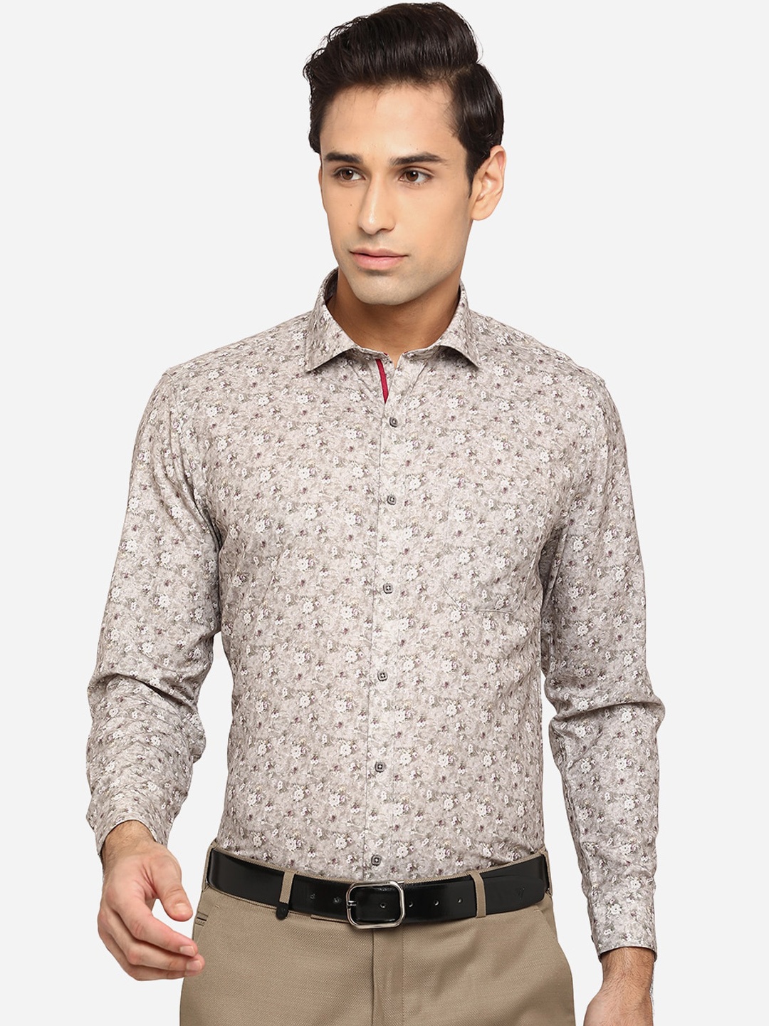 

Greenfibre Men Grey Classic Slim Fit Floral Opaque Printed Pure Cotton Formal Shirt