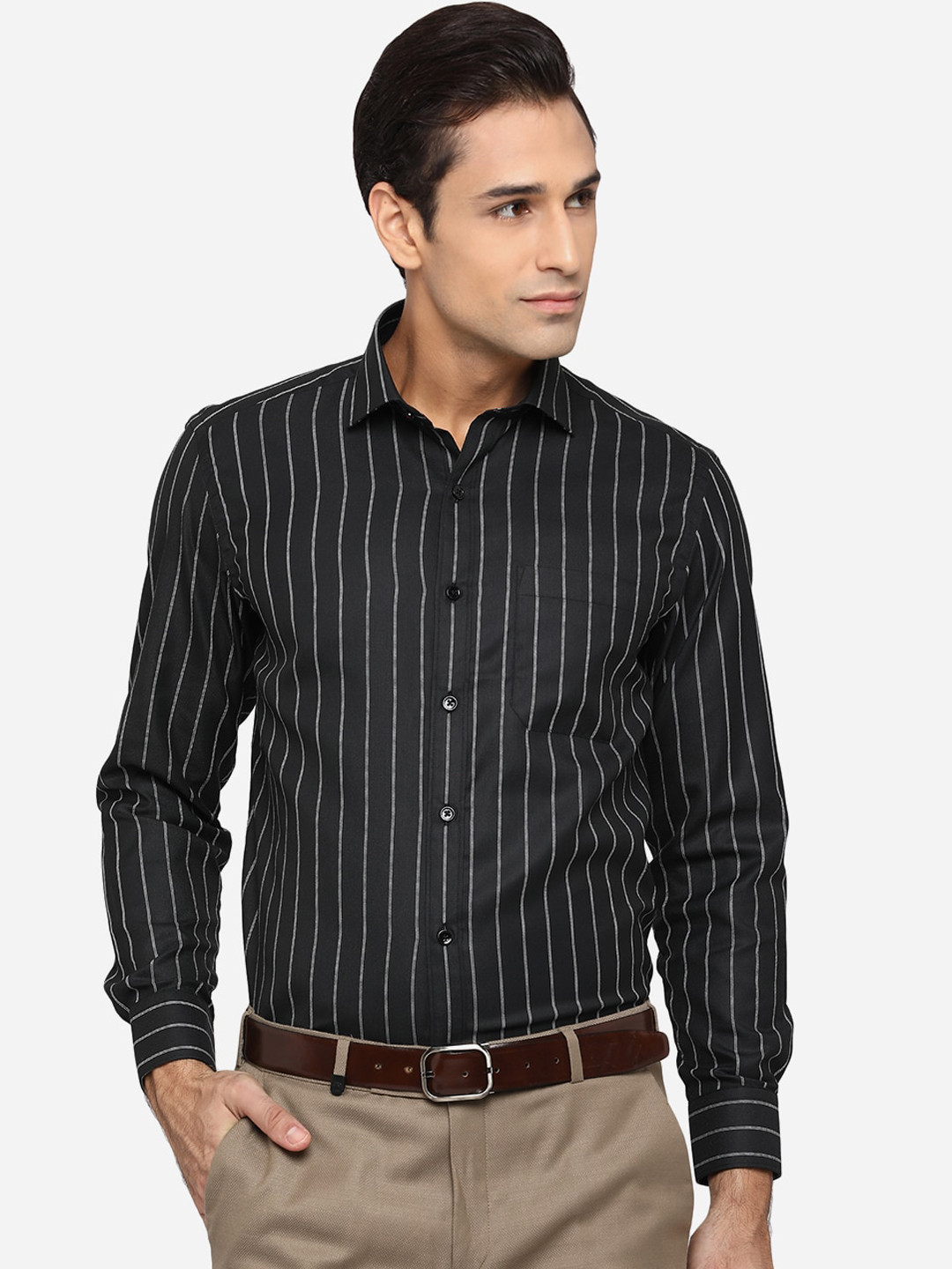 

Greenfibre Men Black Classic Slim Fit Opaque Striped Formal Shirt