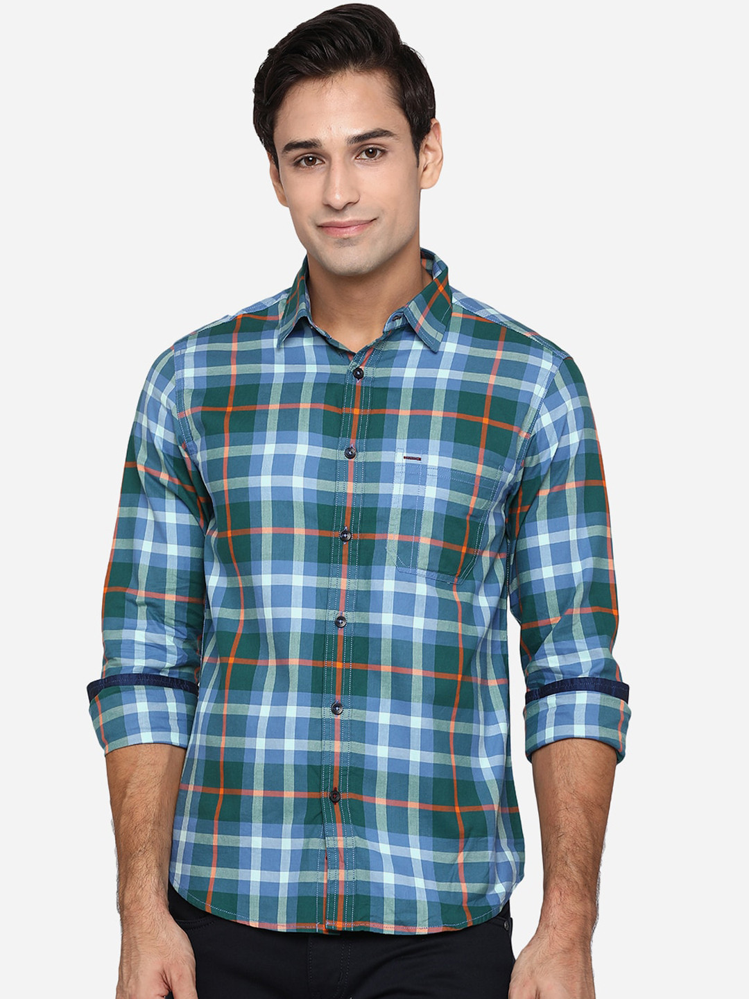 

Greenfibre Men Green & White Classic Slim Fit Opaque Checked Pure Cotton Casual Shirt
