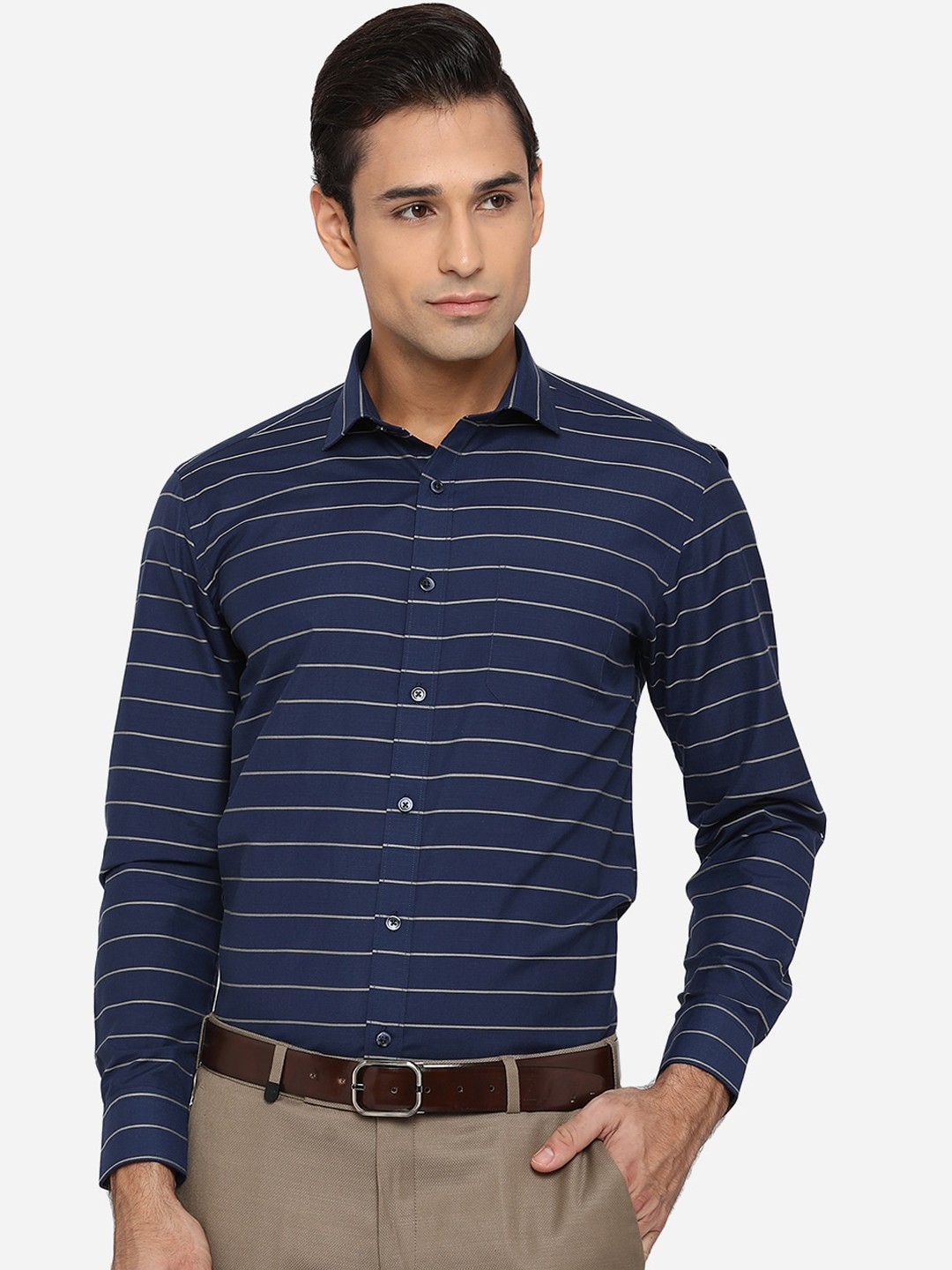 

Greenfibre Men Navy Blue Classic Slim Fit Horizontal Stripes Opaque Striped Formal Shirt