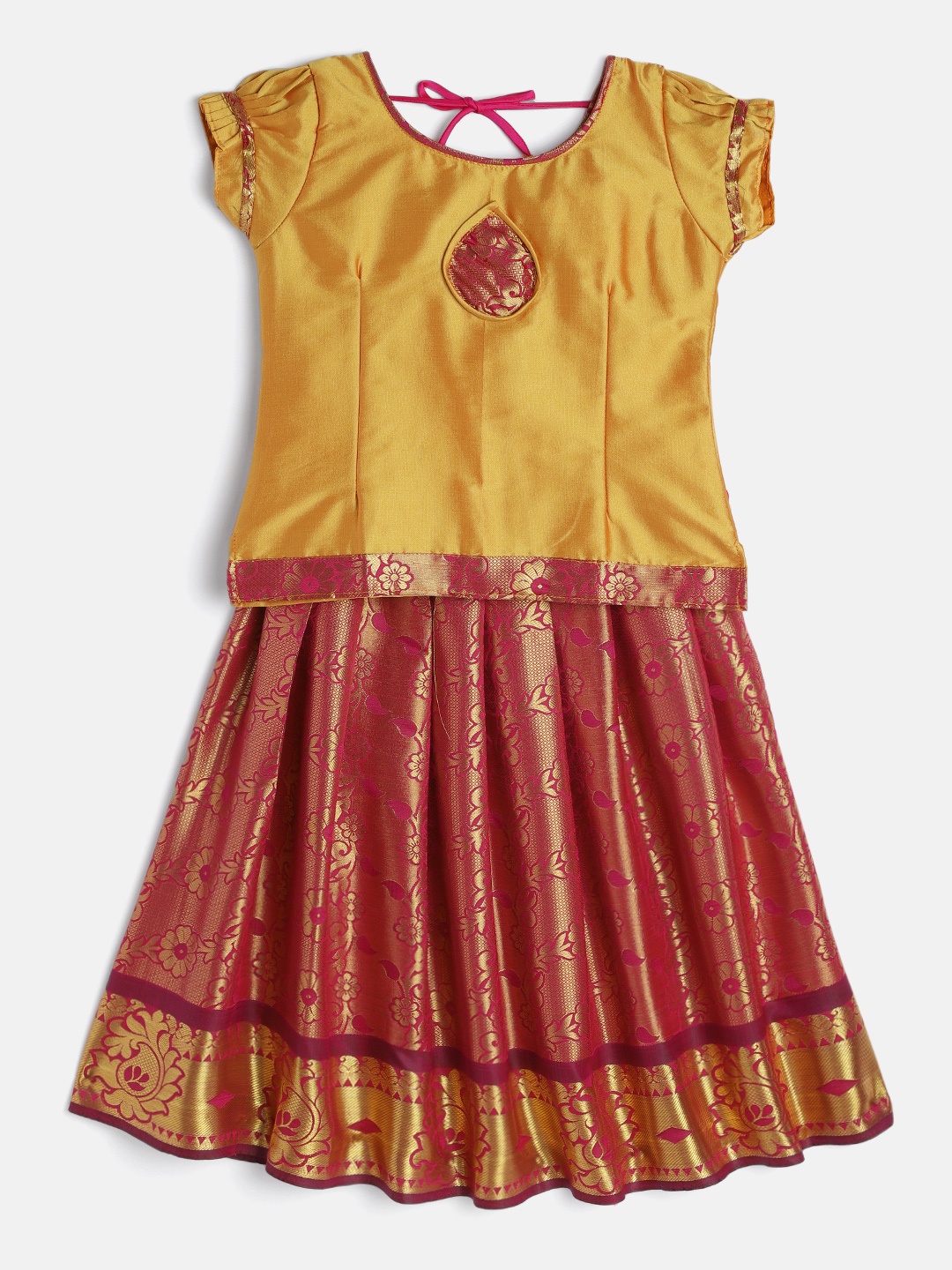 

Baby Lakshmi Girls Gold-Toned & Rose Ready to Wear Pattu Pavadai