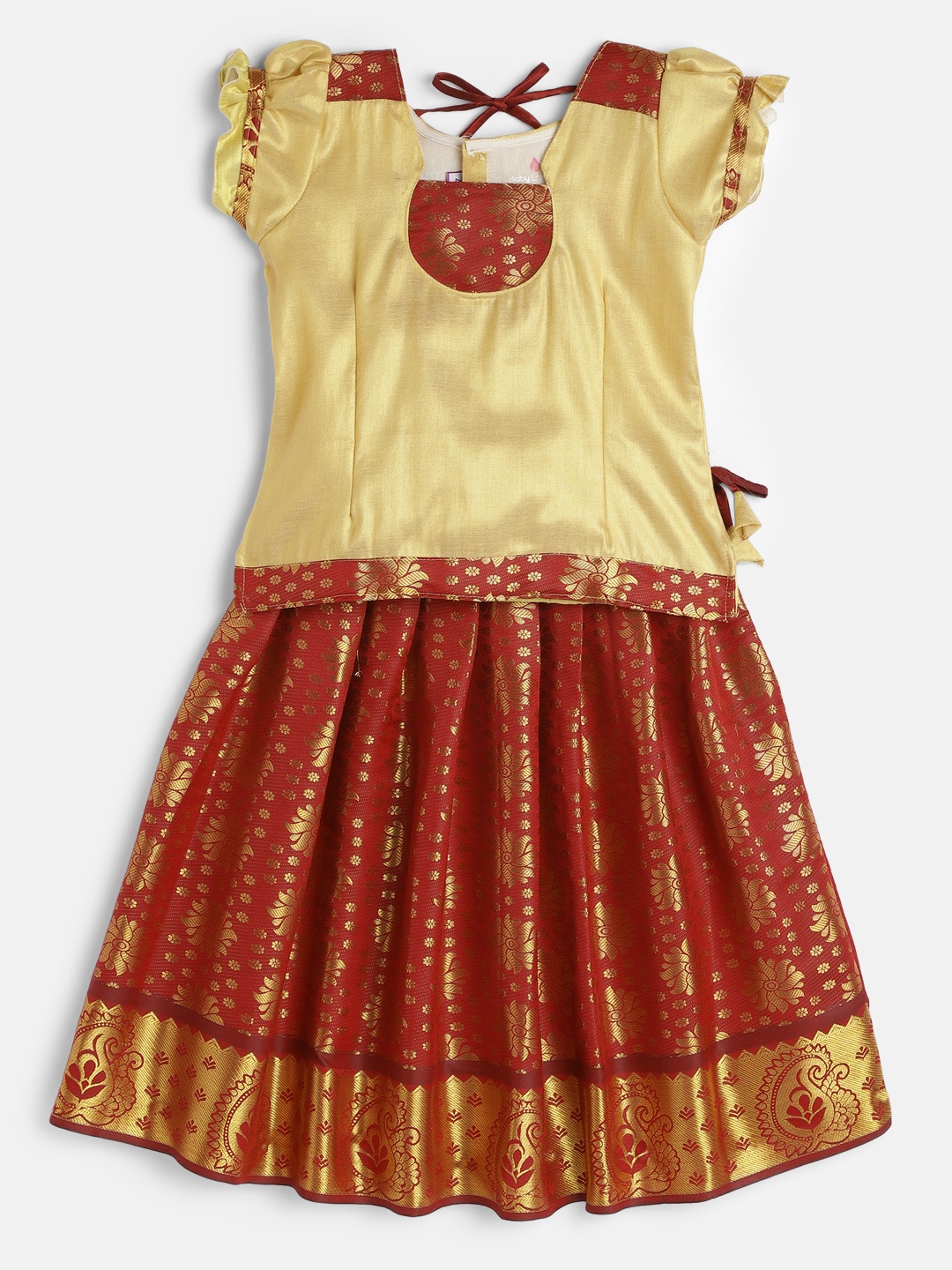 

Baby Lakshmi Girls Gold-Toned & Maroon Ready to Wear Pattu Pavadai