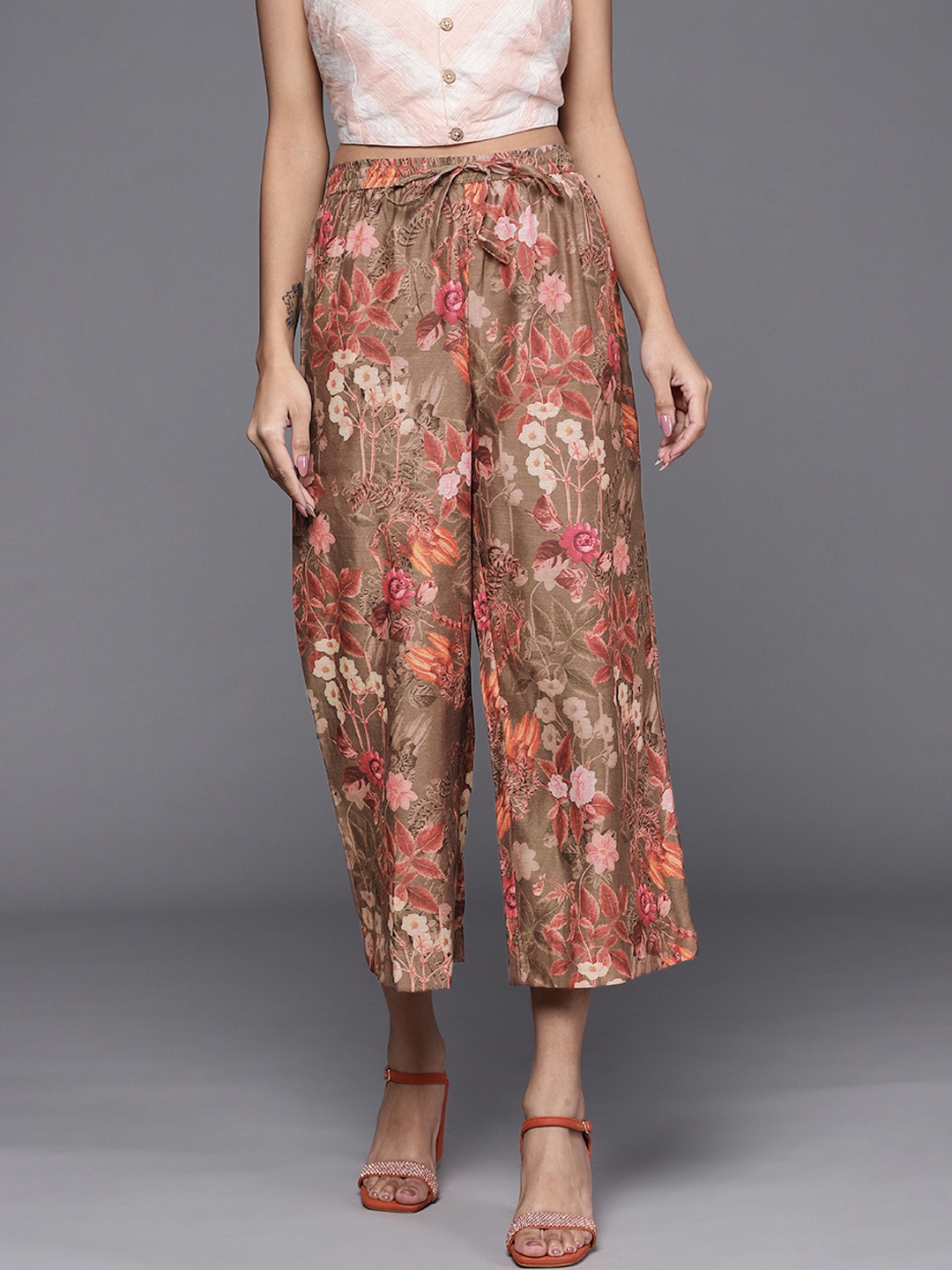 

Biba Women Taupe & Maroon Floral Printed Cropped Ethnic Palazzos